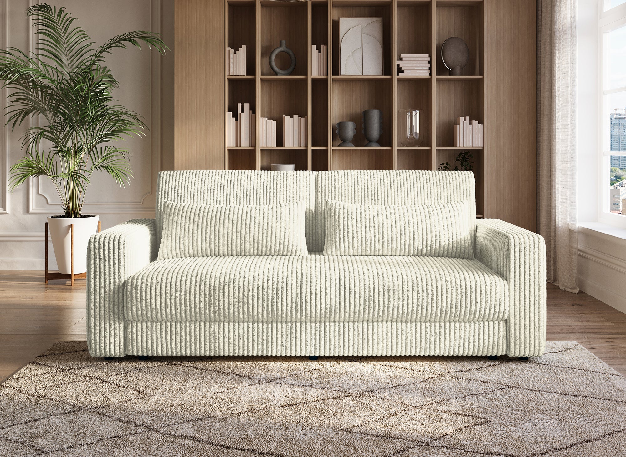 Canapé convertible 3 places avec coffre en velours côtelé épais beige ZURIA