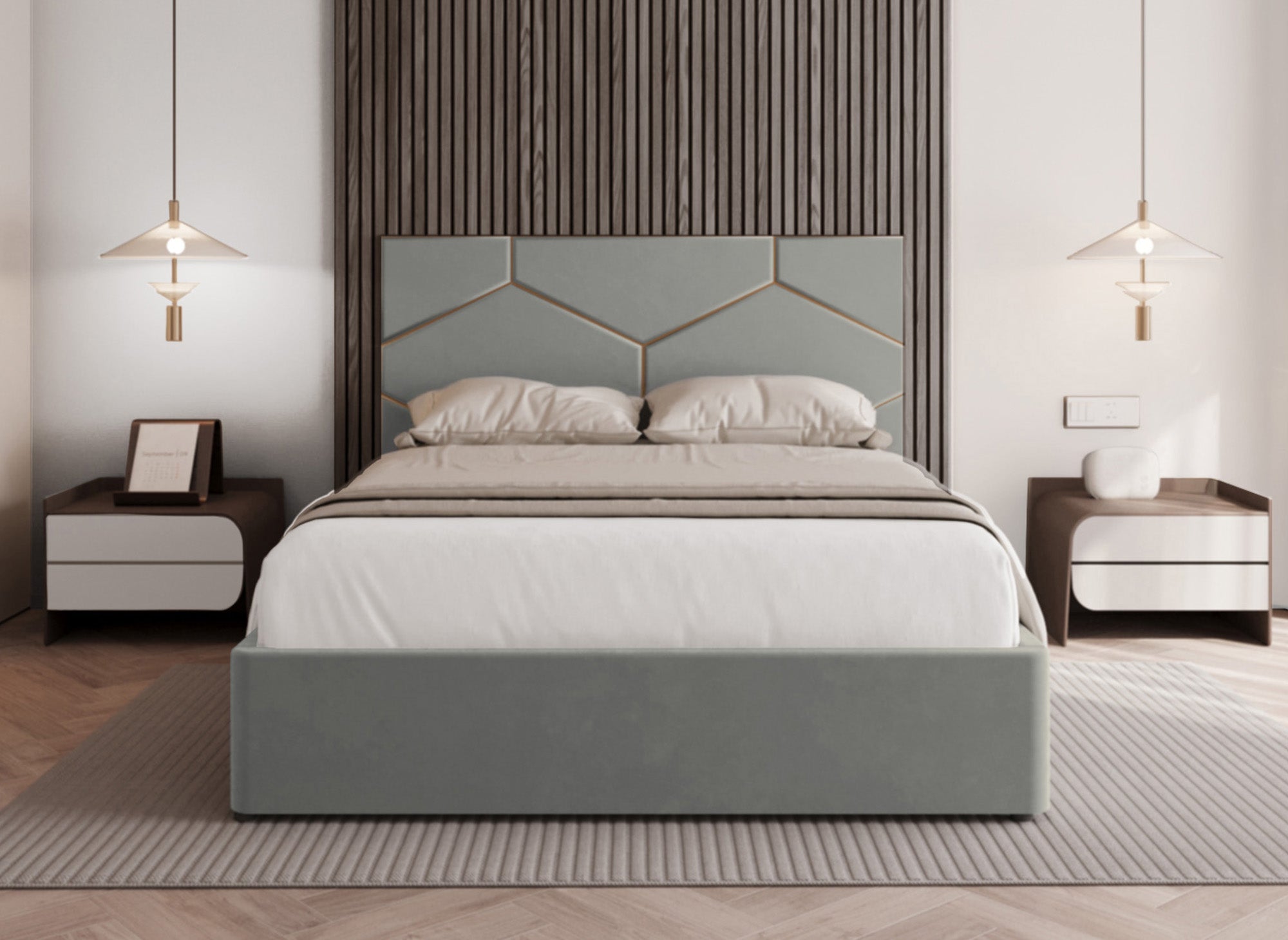 Lit coffre avec tête de lit design en velours gris LARA 140 x 190 cm