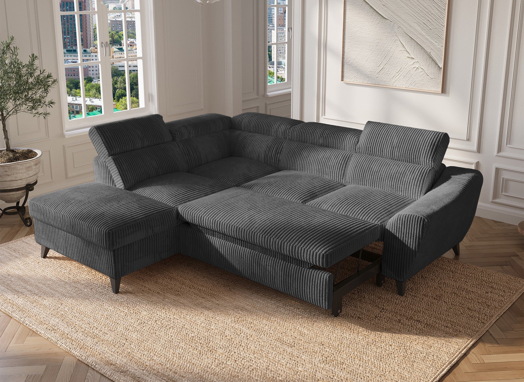 Canapé d'angle convertible avec coffre en velours côtelé épais gris DALTON - Angle gauche