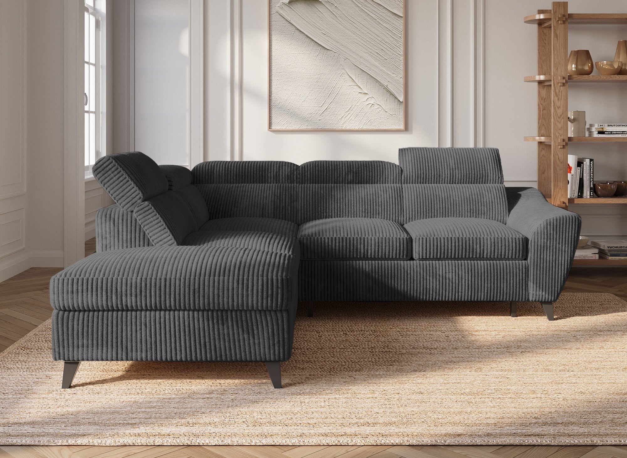 Canapé d'angle convertible avec coffre en velours côtelé épais gris DALTON - Angle gauche