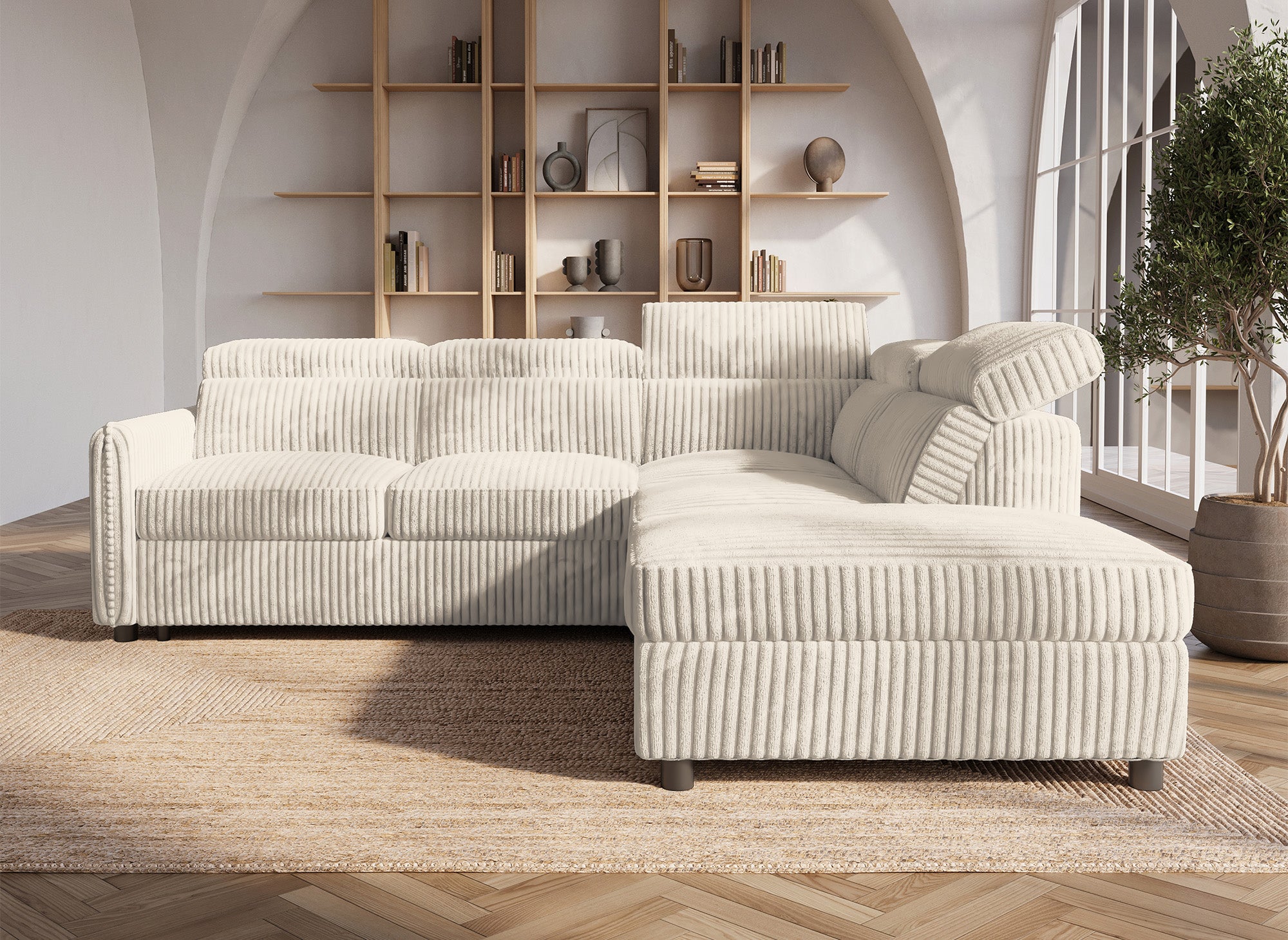 Canapé d'angle convertible en velours côtelé épais beige NAIROBI - Angle droit