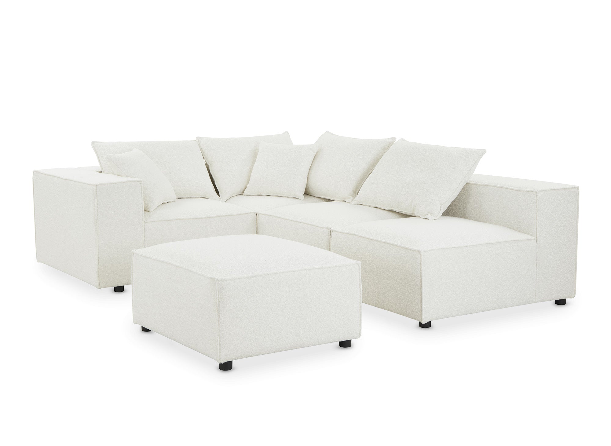 Canapé d'angle fixe modulable avec 1 pouf en tissu effet peau de mouton blanc écru HARLEM XL