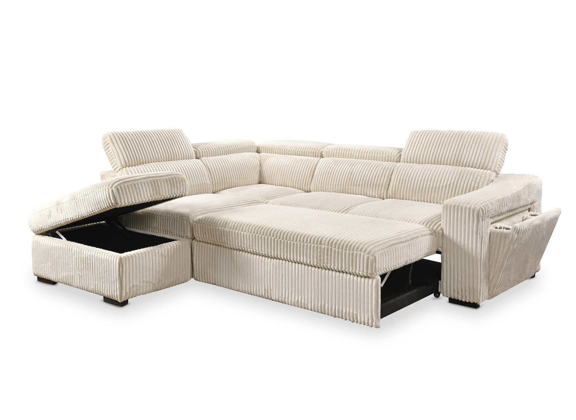 Canapé d'angle convertible avec coffre en velours beige côtelé MARTY - Angle gauche