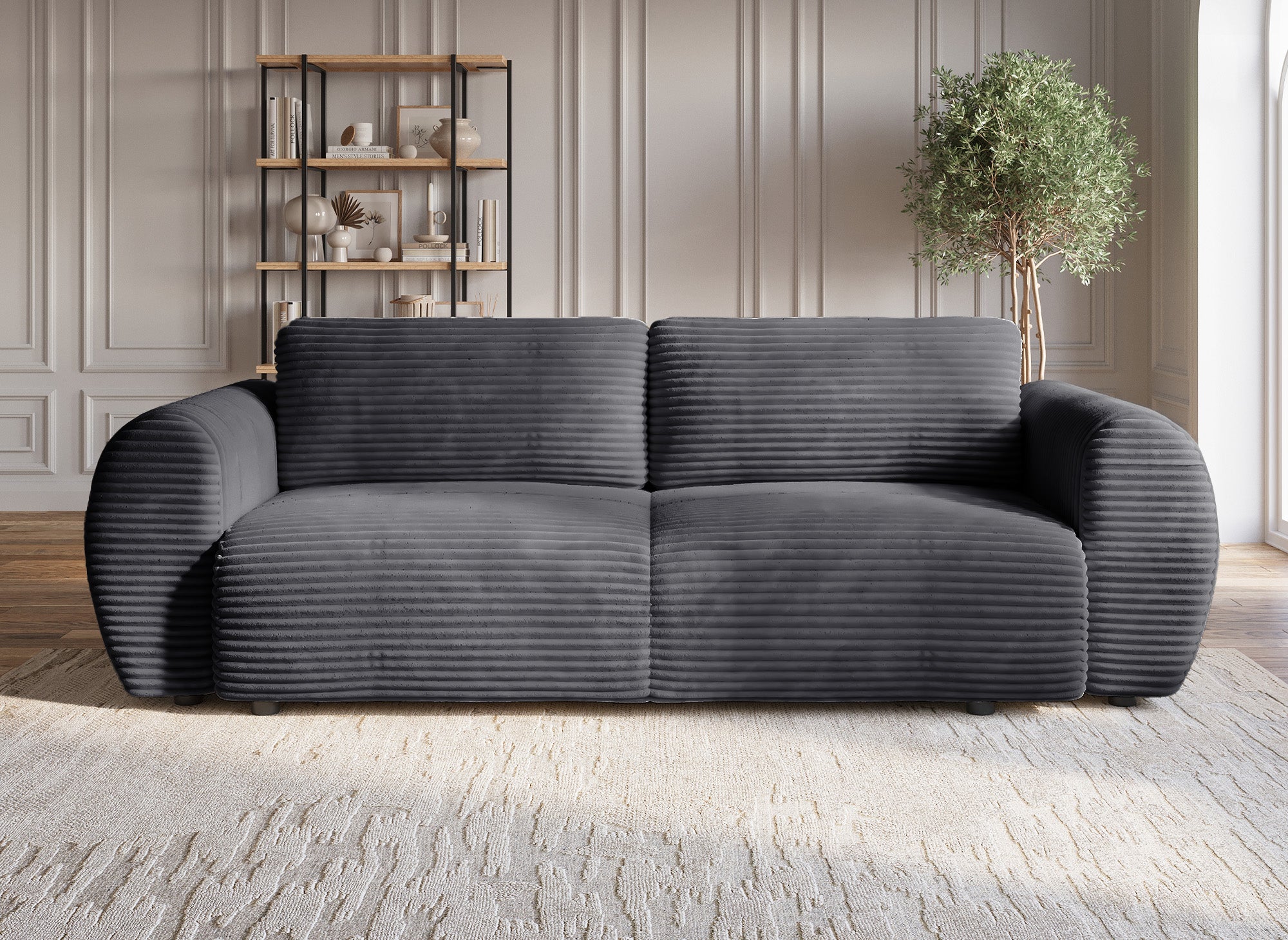 Canapé droit 3 places avec coffre en gros côtelé doux gris TILDA.