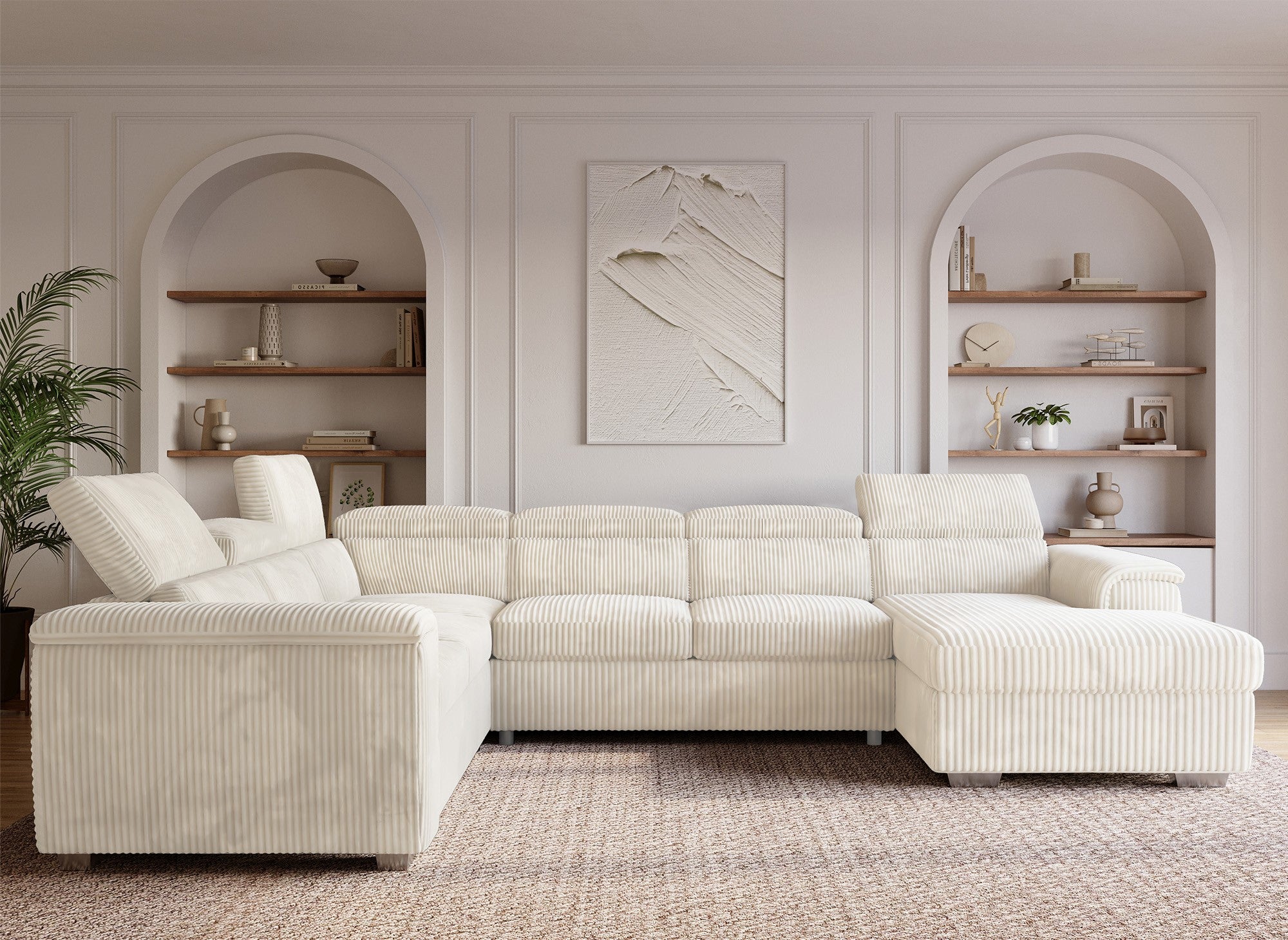 Canapé panoramique convertible avec coffre en velours côtelé épais beige GAELLE - Angle Droit