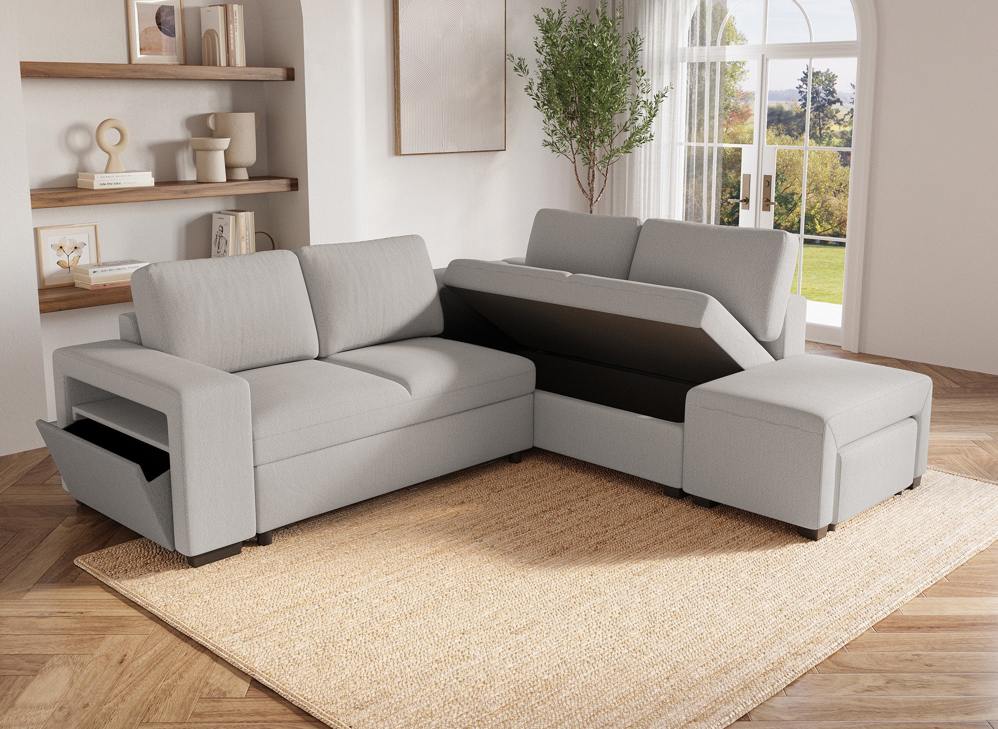 Canapé d'angle convertible en tissu beige ALBAN - Angle droit