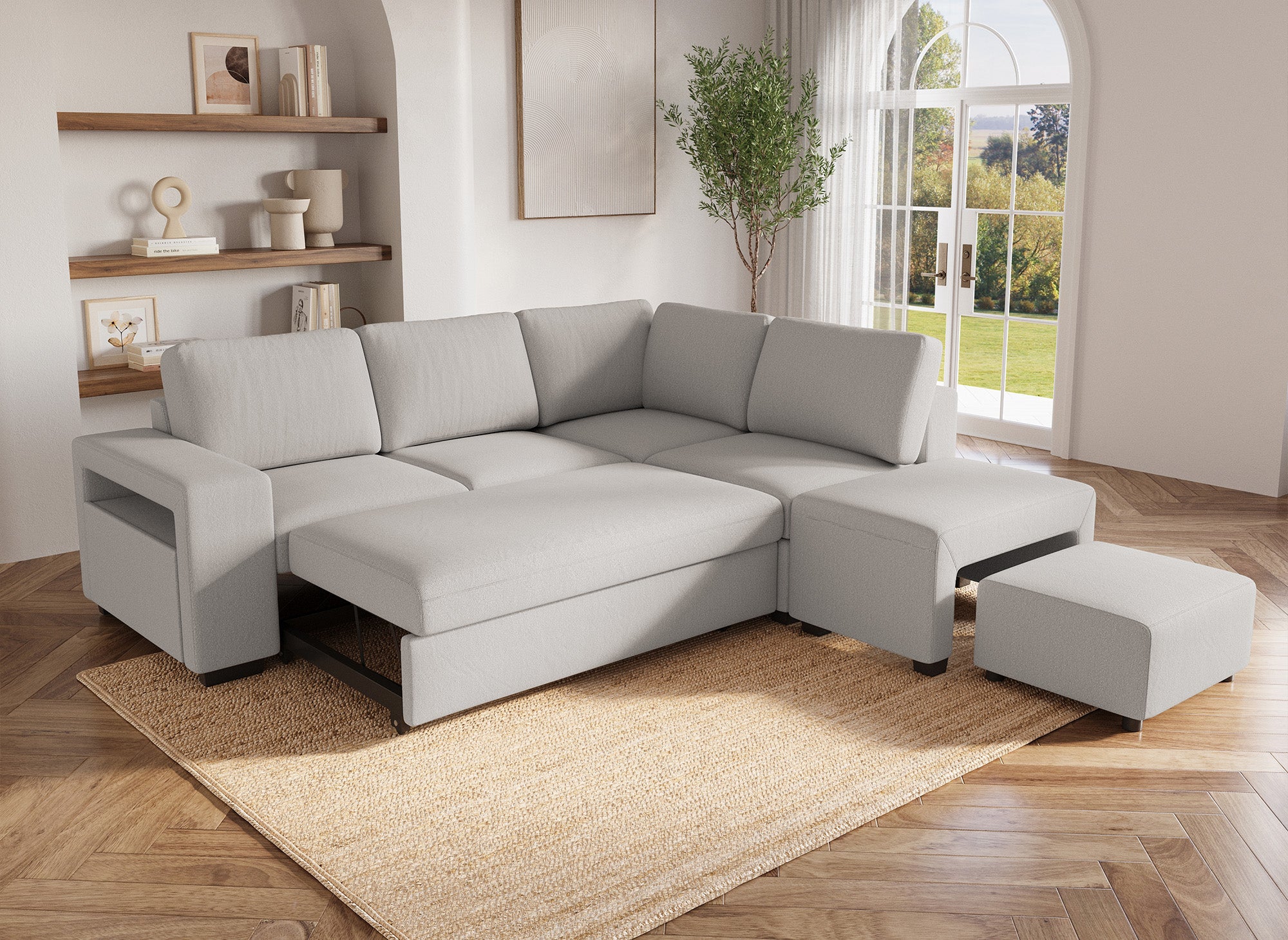 Canapé d'angle convertible en tissu beige ALBAN - Angle droit