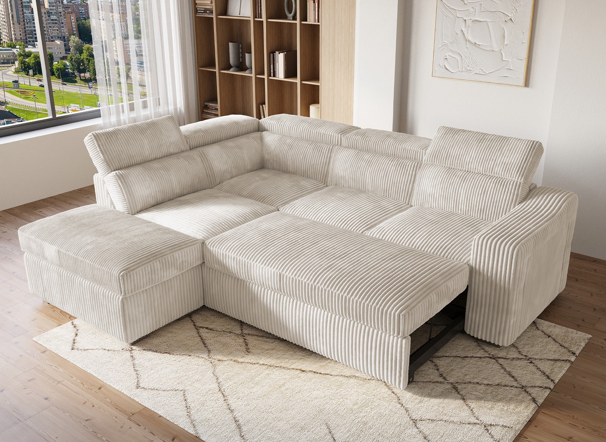 Canapé d'angle convertible avec coffre en velours beige côtelé MARTY - Angle gauche