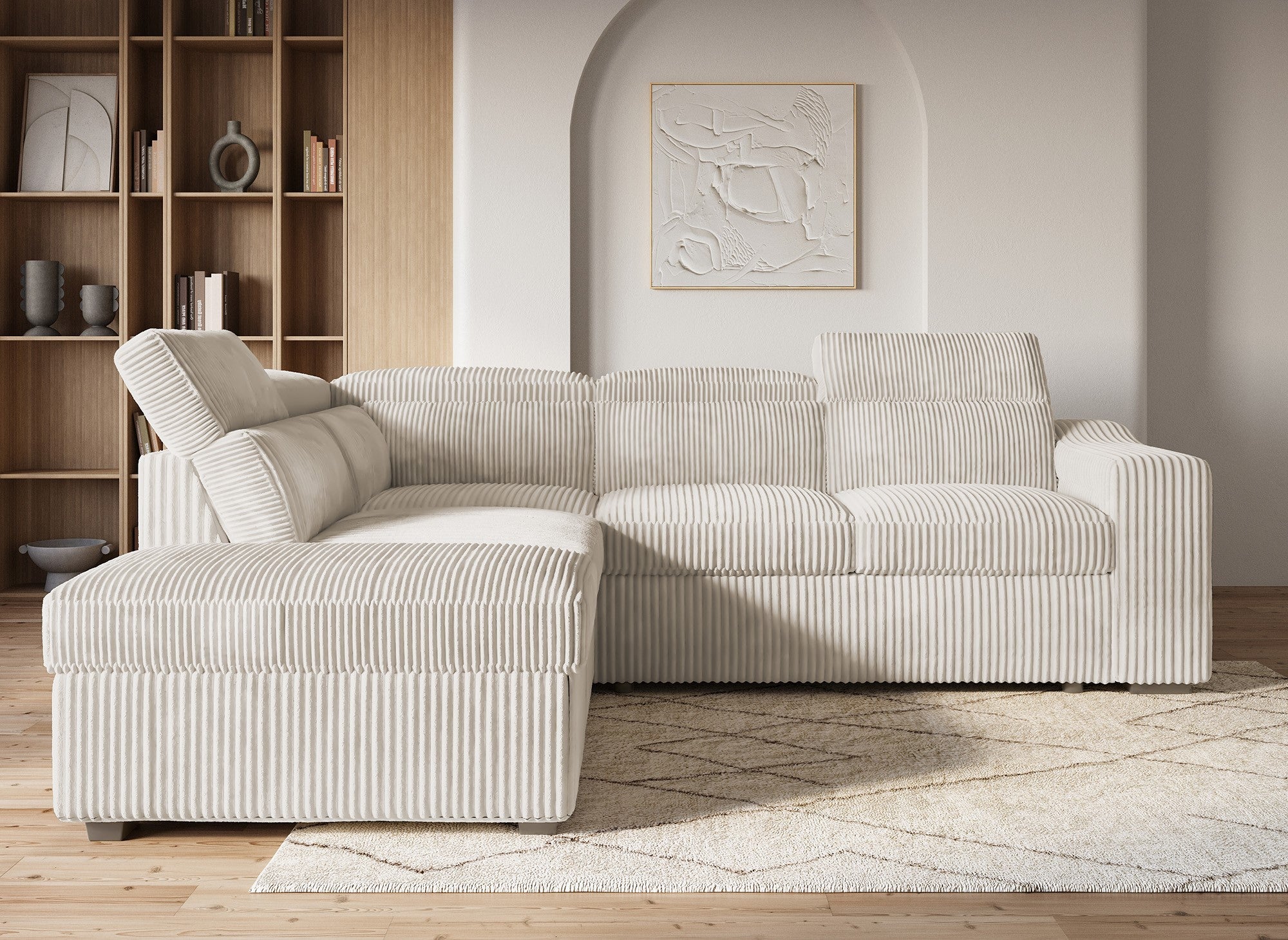 Canapé d'angle convertible avec coffre en velours beige côtelé MARTY - Angle gauche