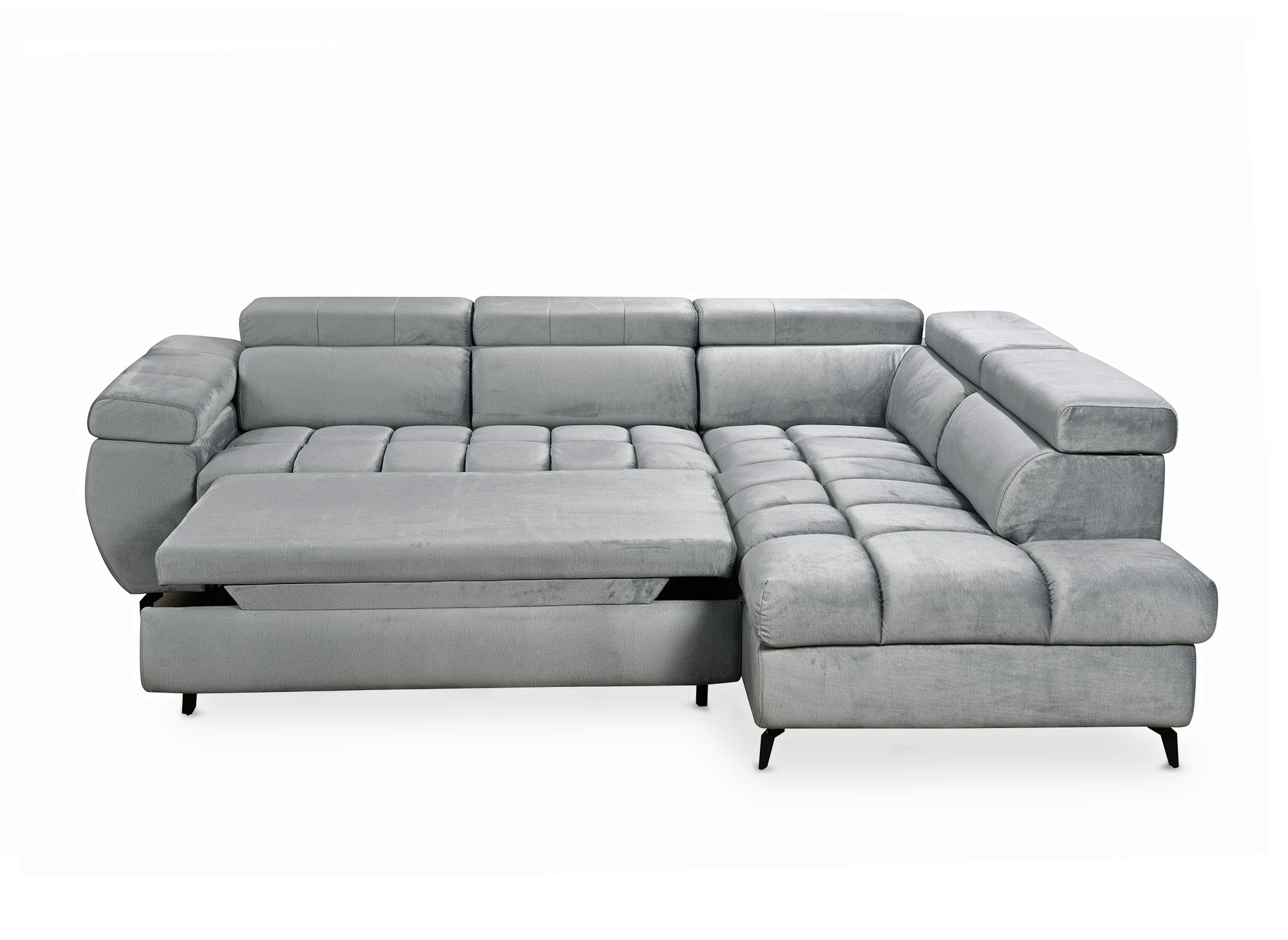 Canapé d'angle convertible matelassé avec coffre en velours gris LUCIANO - Angle droit