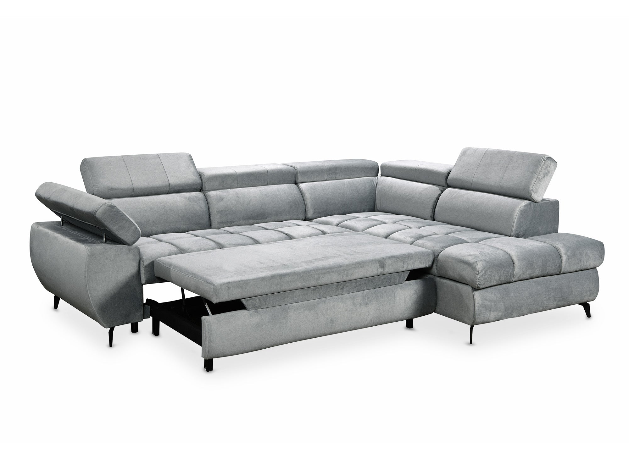 Canapé d'angle convertible matelassé avec coffre en velours gris LUCIANO - Angle droit