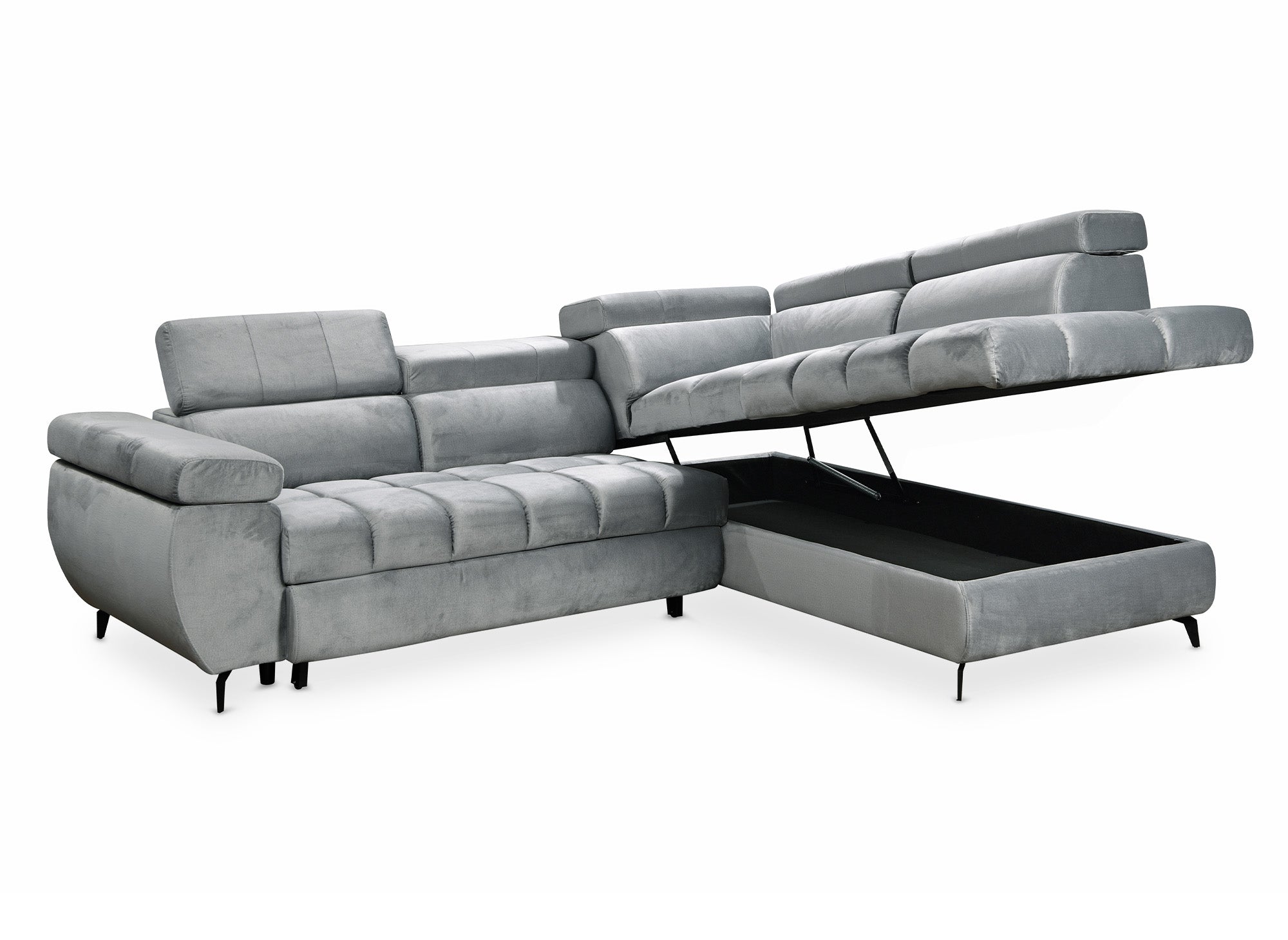 Canapé d'angle convertible matelassé avec coffre en velours gris LUCIANO - Angle droit