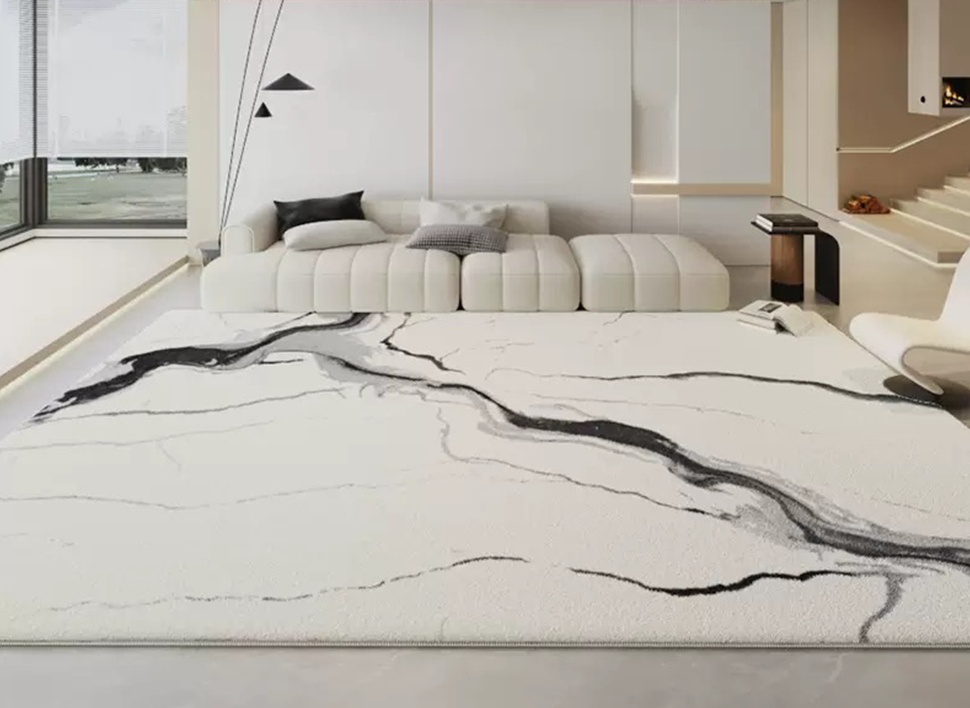 Tapis rectangulaire à motifs marbre noir et blanc en tissu effet cachemire 160x230 cm ZAEL