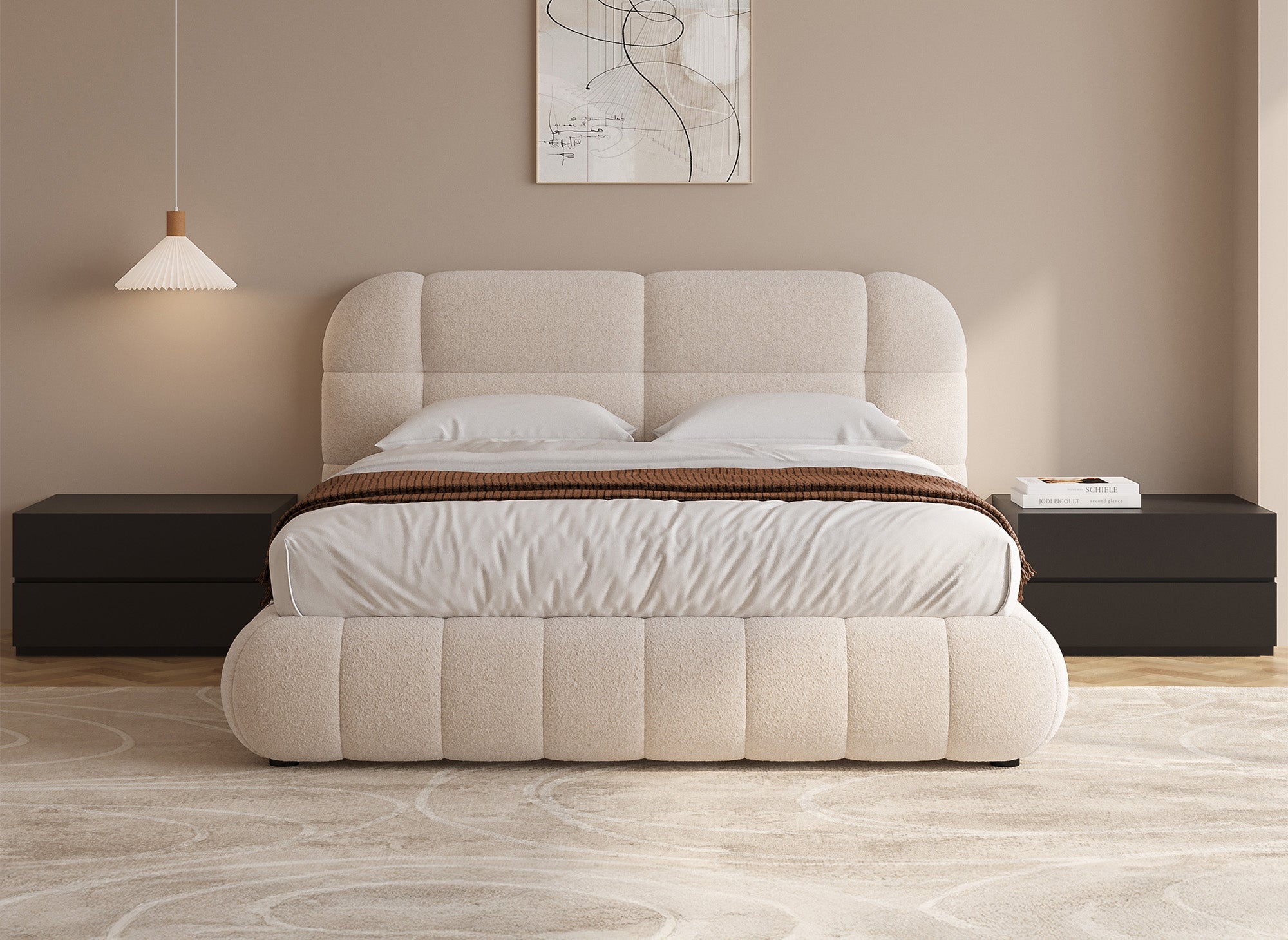 Lit coffre en tissu bouclette écru 140x190 cm YOURI