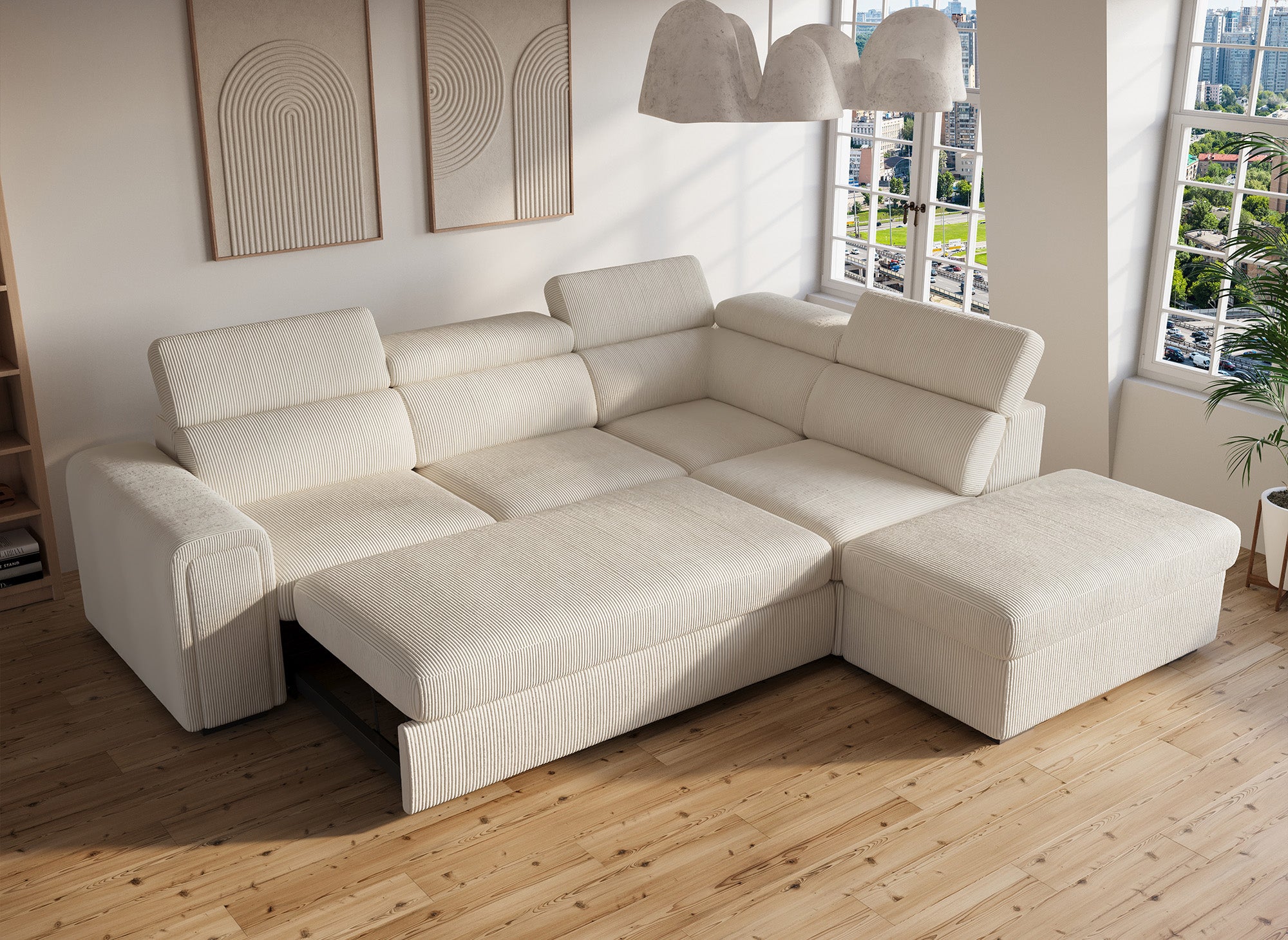 Canapé d'angle convertible avec coffre en velours côtelé épais beige ZENOVA - Angle droit