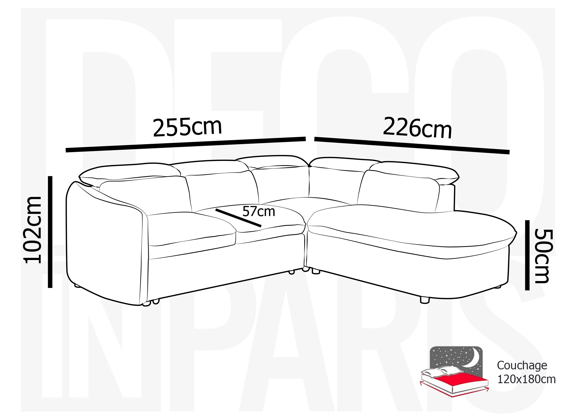 Canapé d'angle convertible avec coffre de rangement en tissu bouclette gris BAYA - angle droit