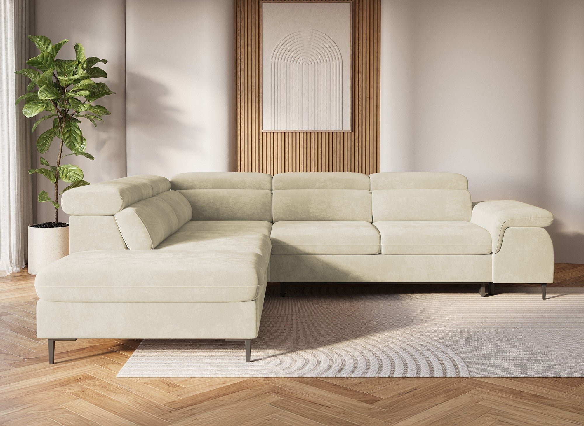 Canapé d'angle convertible avec coffre de rangement en velours beige SWAN - Angle gauche