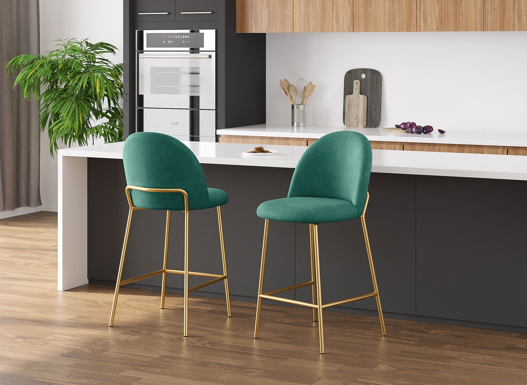 Lot de 2 tabourets de bar design en velours vert ARABEL