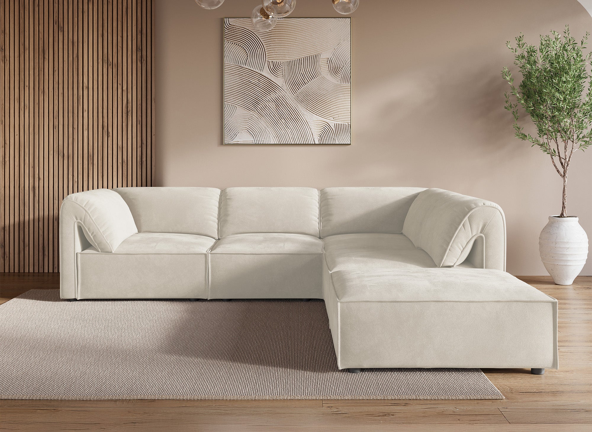 Canapé d'angle modulable en velours beige HARINA