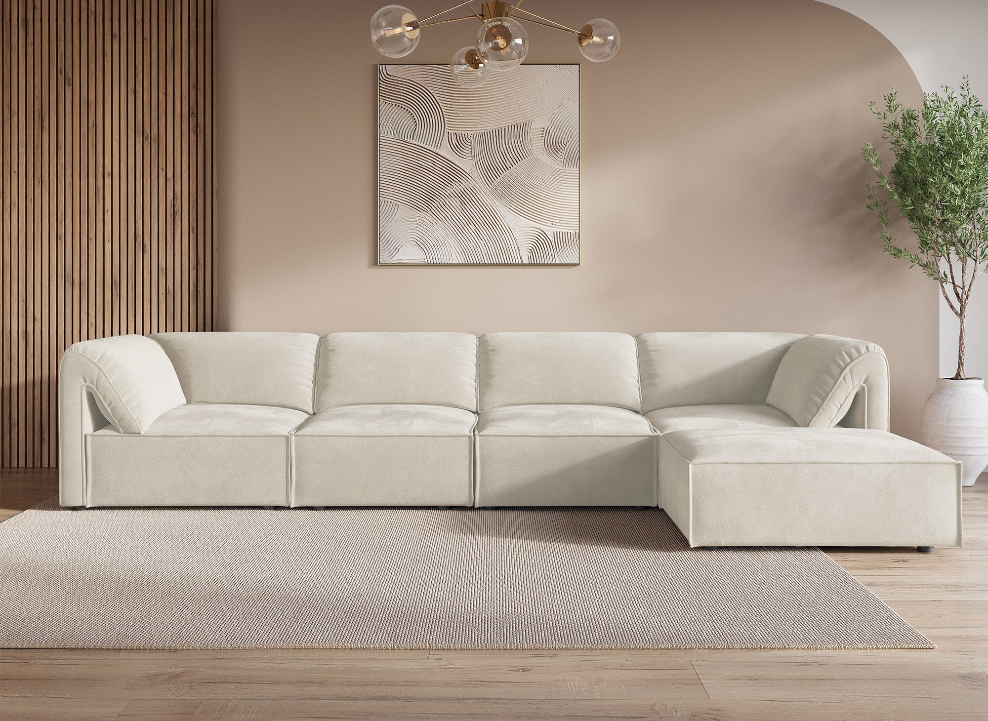 Canapé d'angle modulable en velours beige HARINA
