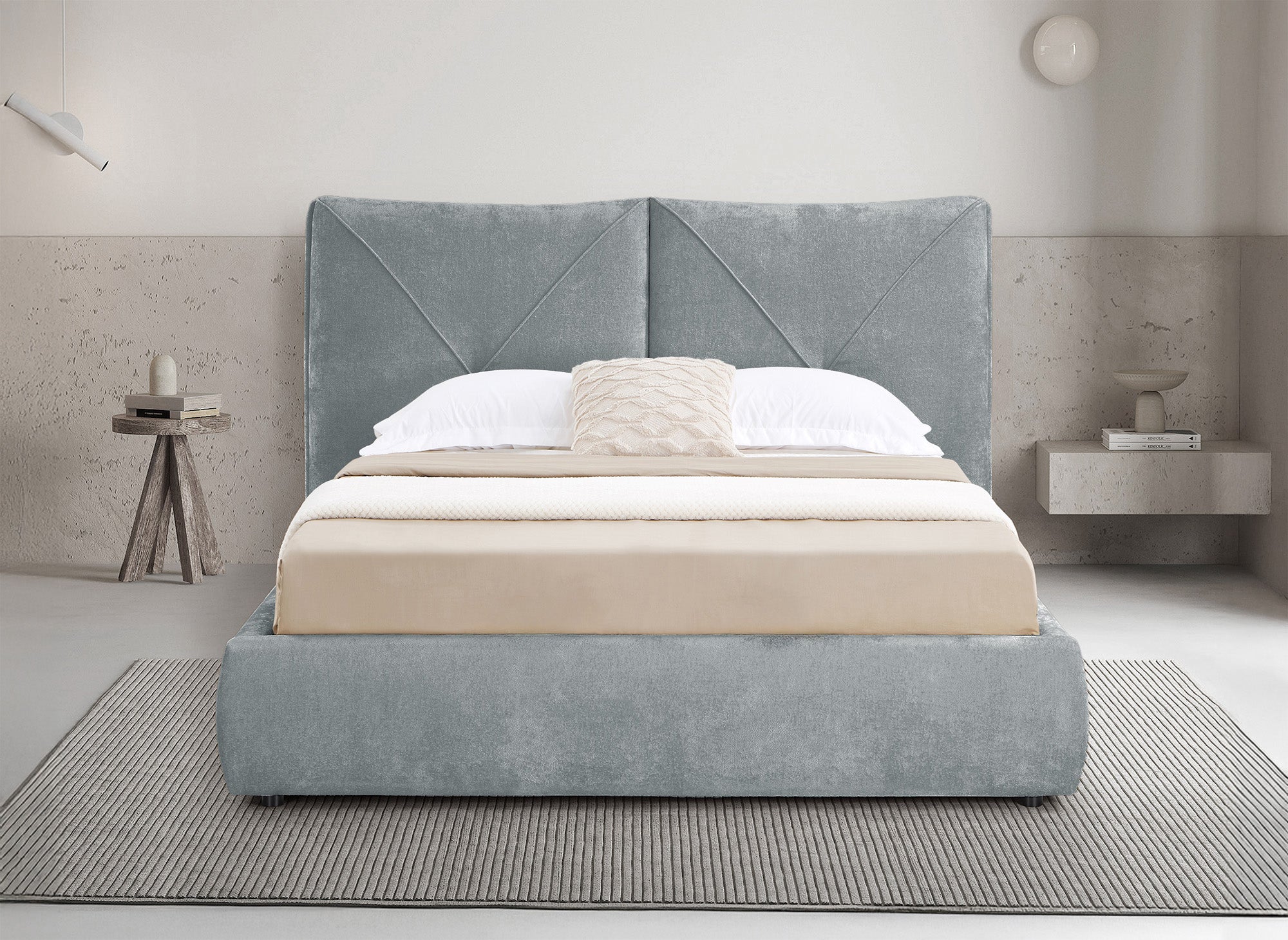 Lit coffre en tissu bouclette doux gris 140x190 cm NOAH