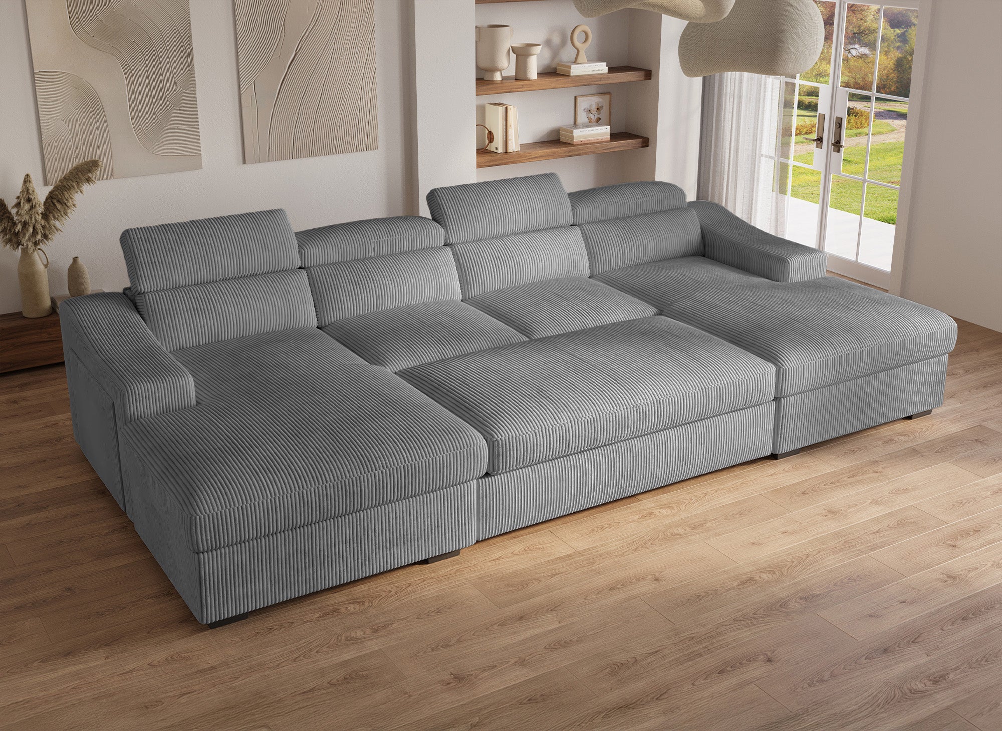 Canapé panoramique convertible avec 2 coffres en velours côtelé épais gris VELORA