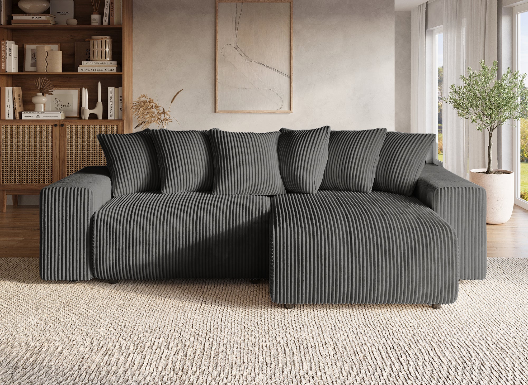 Canapé d'angle réversible convertible avec coffre en velours côtelé épais gris NOELIA