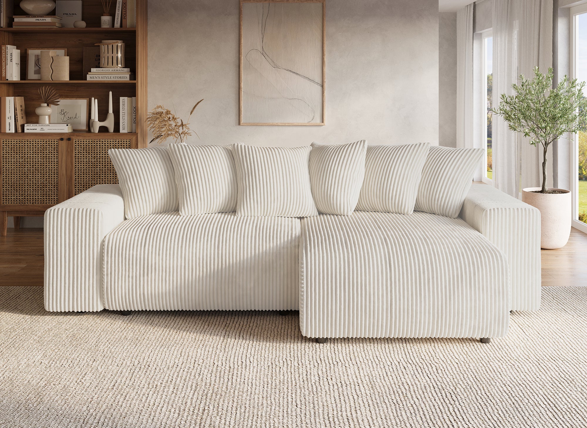 Canapé d'angle réversible convertible avec coffre en velours côtelé épais beige NOELIA