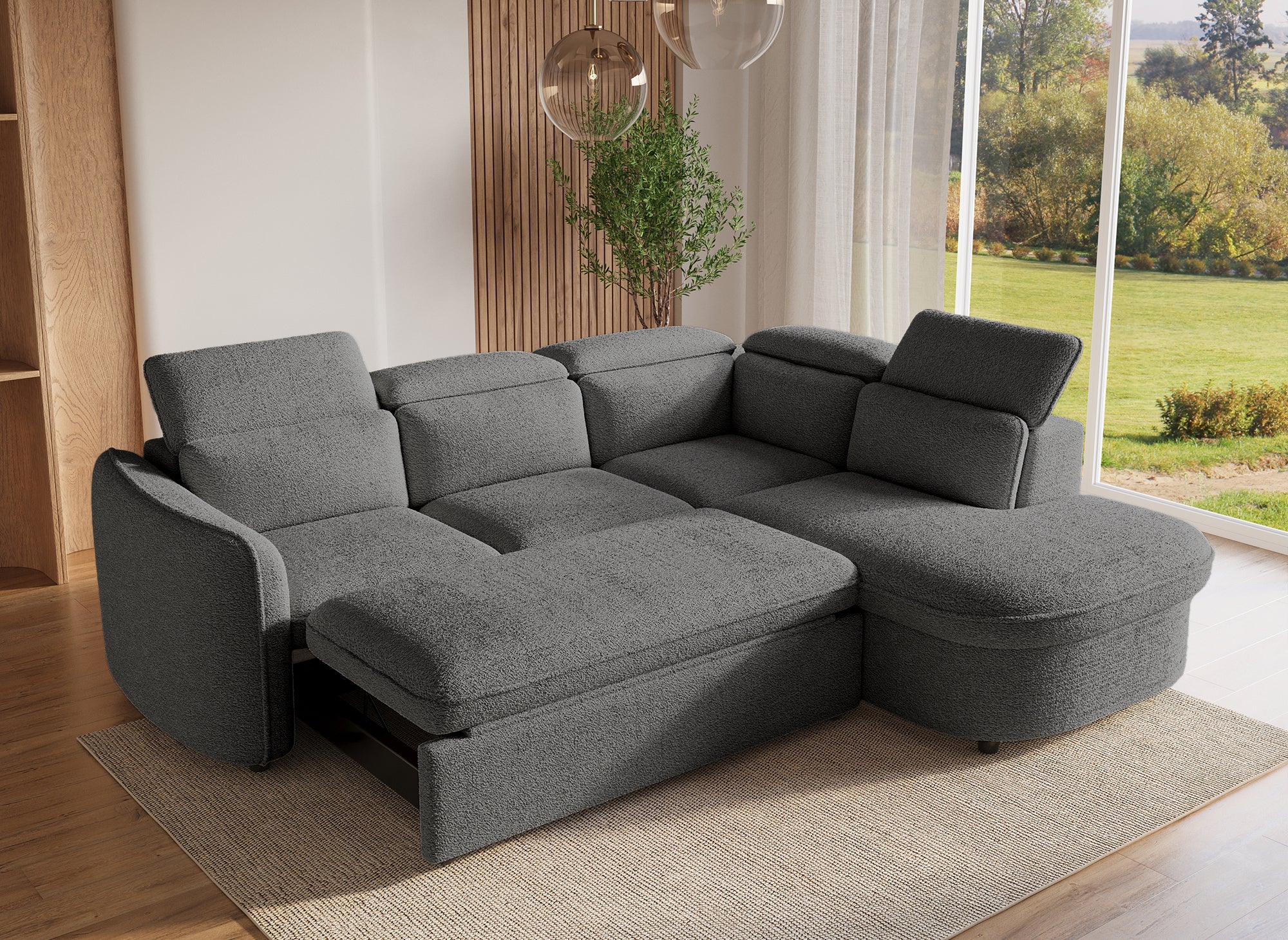 Canapé d'angle convertible avec coffre de rangement en tissu bouclette gris BAYA - angle droit