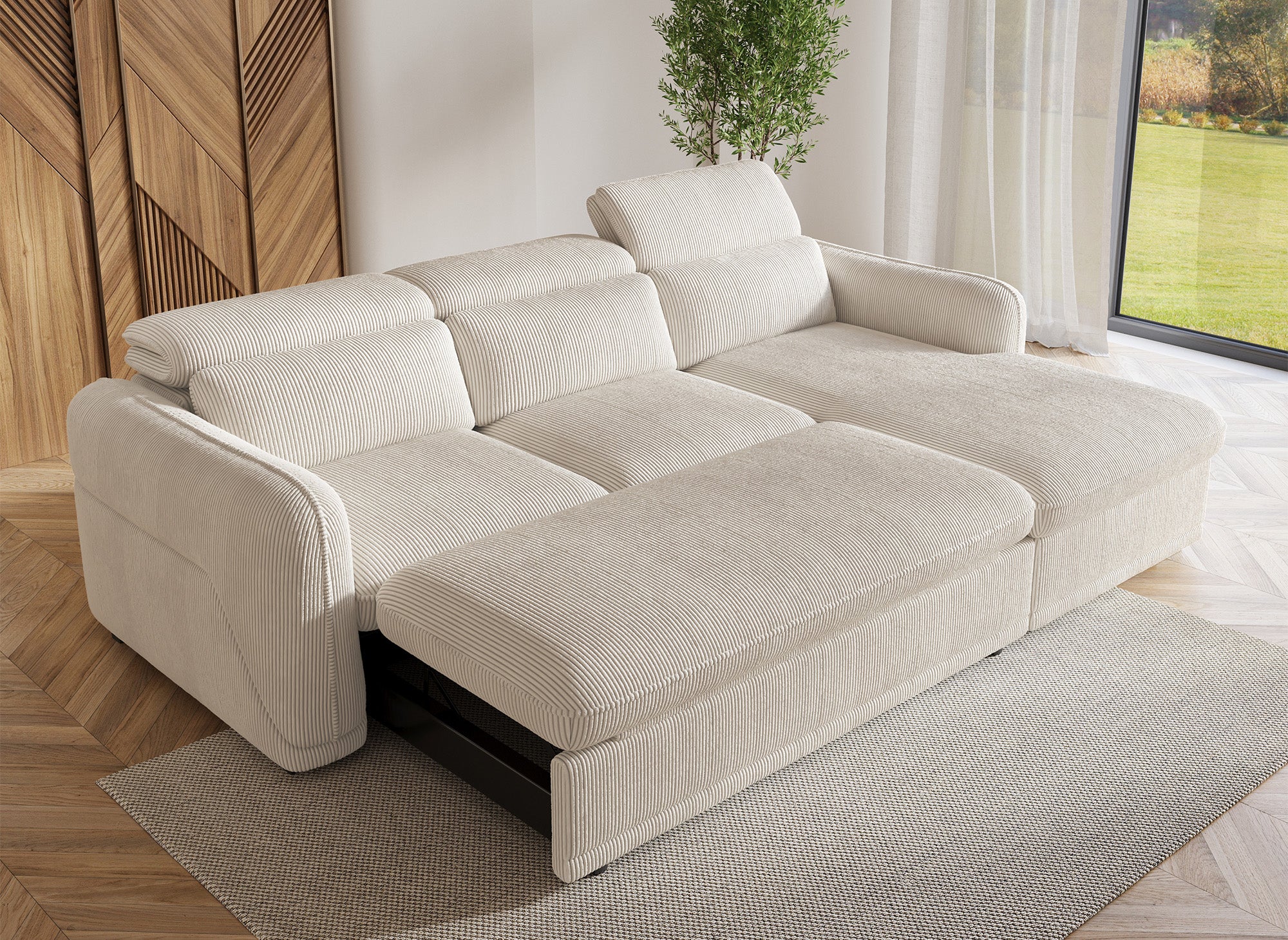 Canapé d'angle convertible avec coffre en velours côtelé épais beige PETUNIA - Angle droit