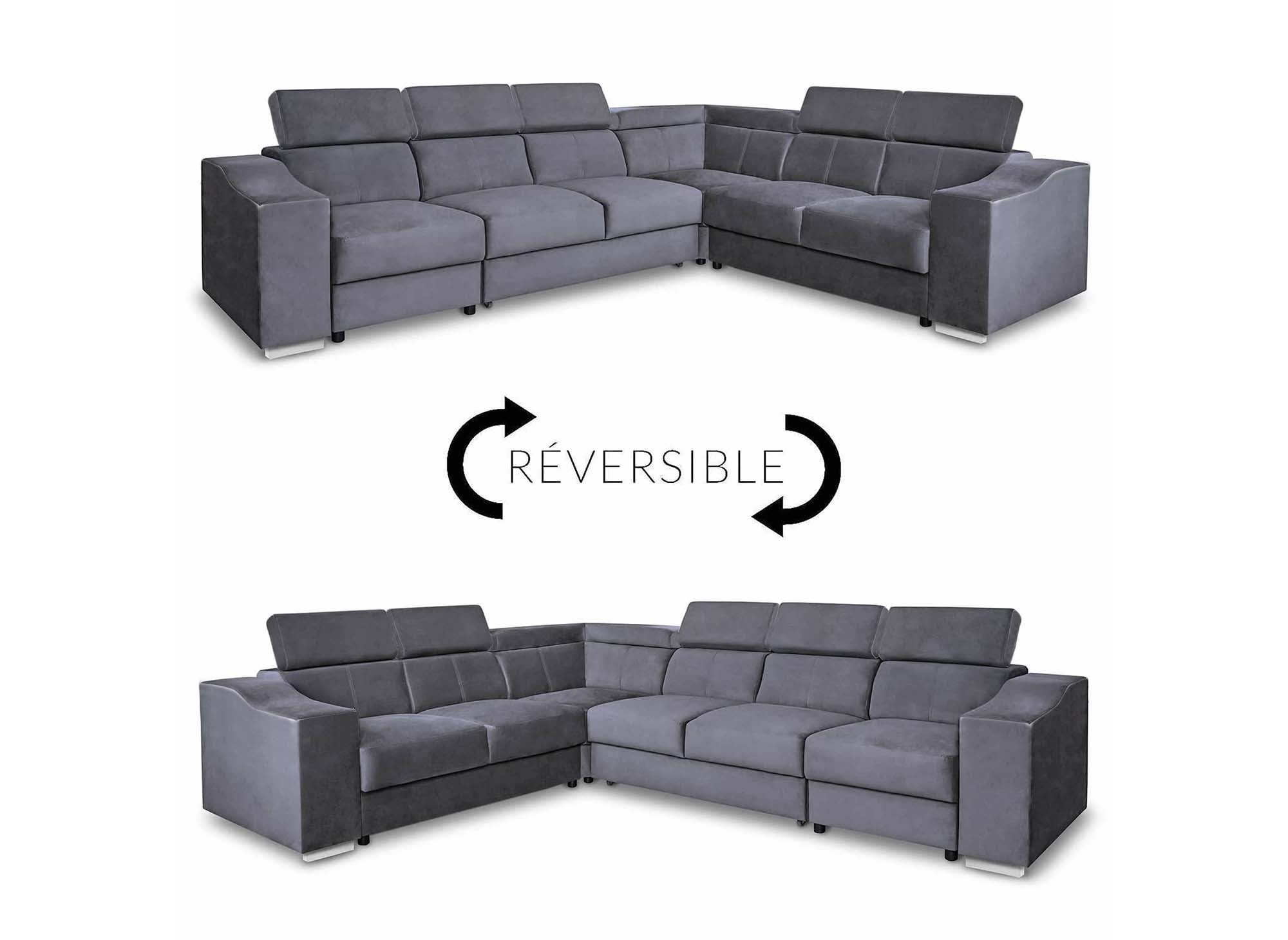Canapé d'angle convertible réversible en velours gris LEONIE