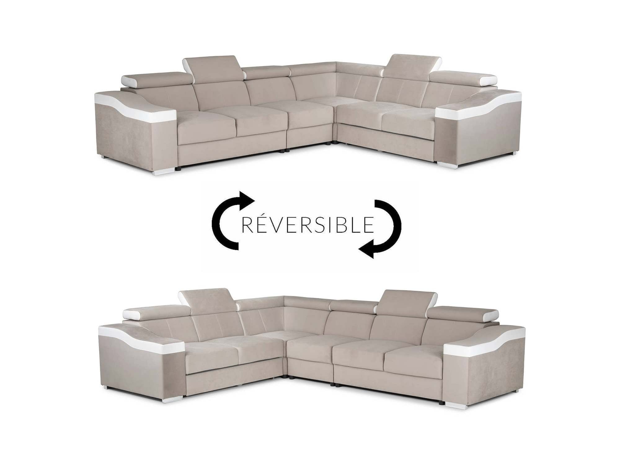 Canapé d'angle convertible réversible en velours beige et simili cuir blanc LEONIE