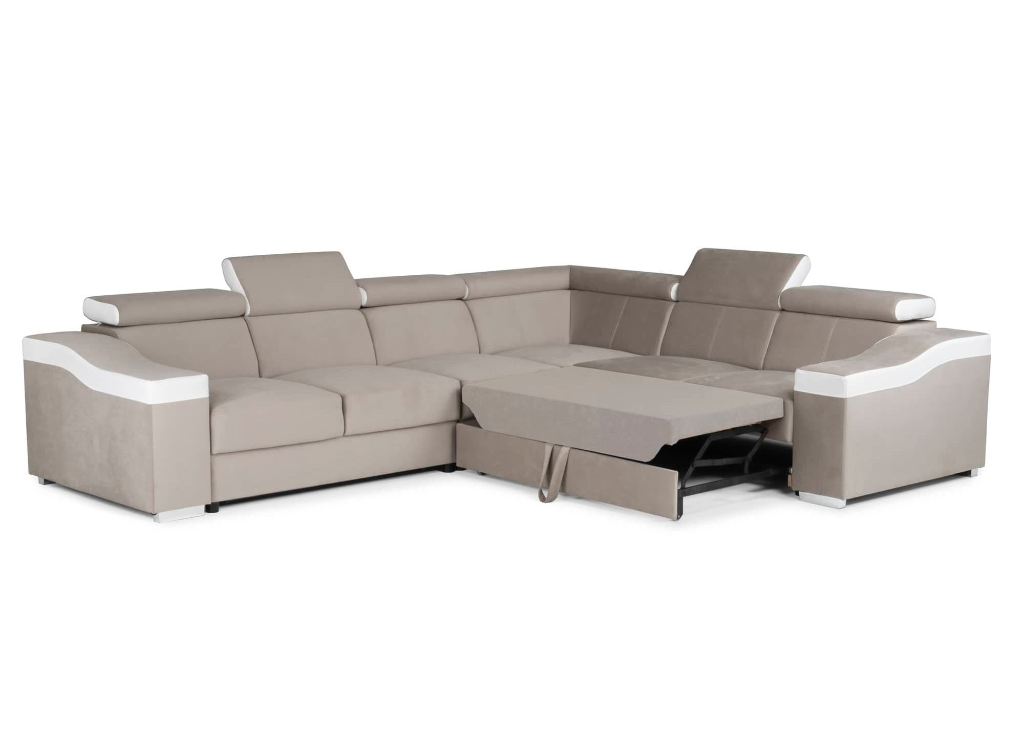 Canapé d'angle convertible réversible en velours beige et simili cuir blanc LEONIE