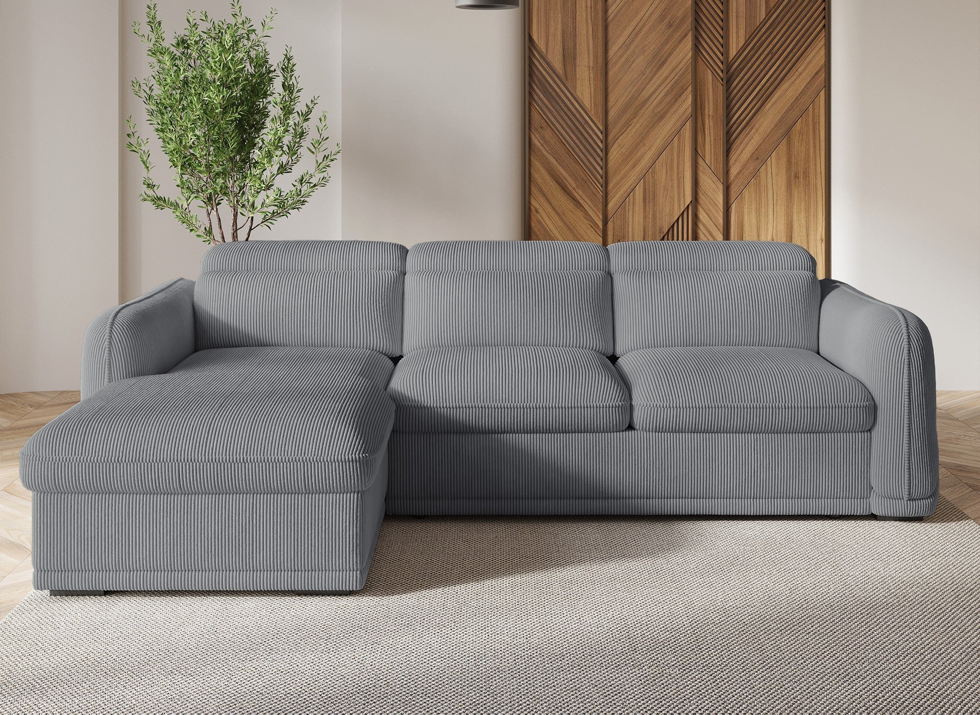 Canapé d'angle gauche convertible avec coffre en velours côtelé épais gris PETUNIA - Angle gauche