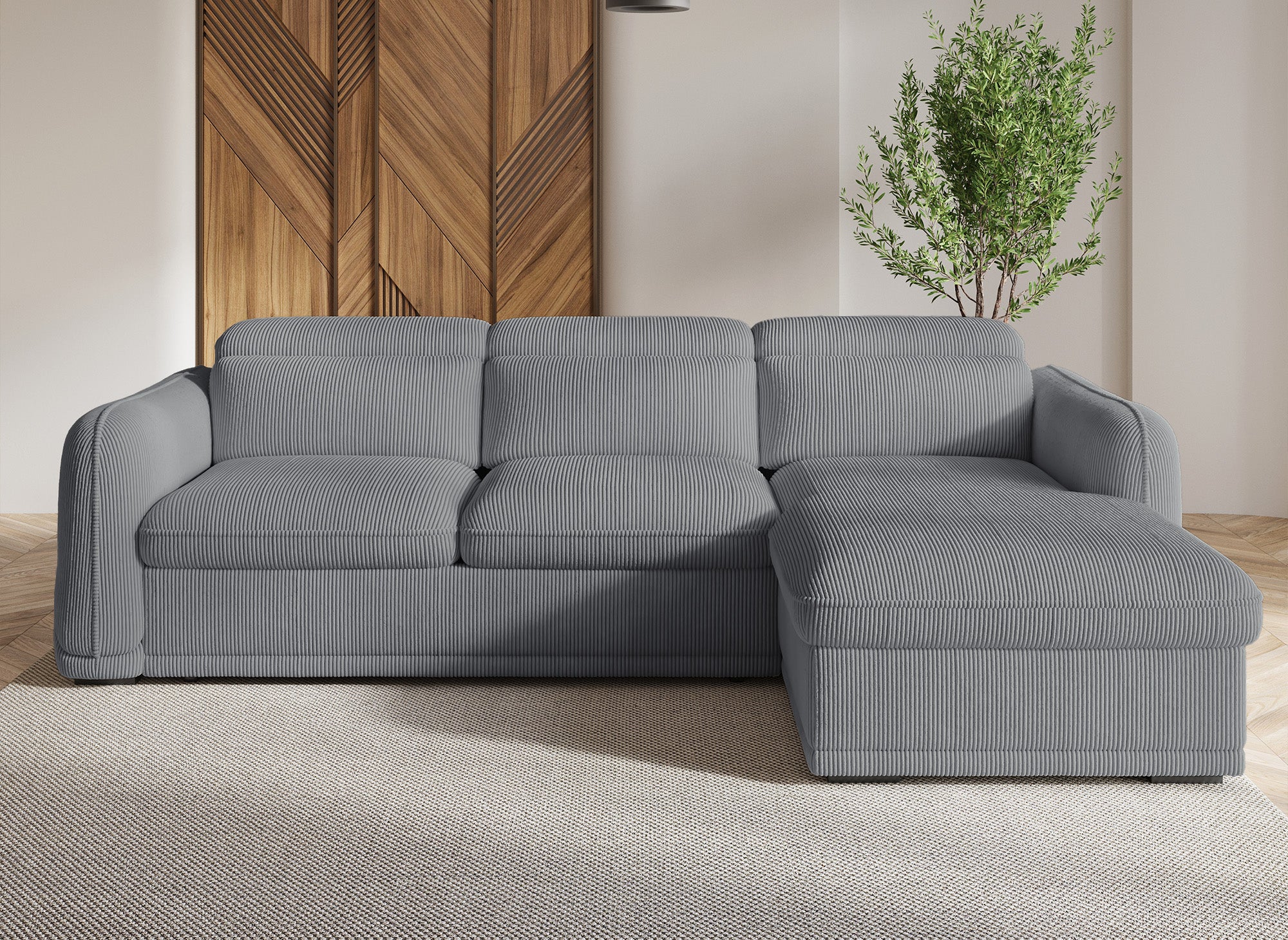 Canapé d'angle convertible avec coffre en velours côtelé épais gris PETUNIA - Angle droit