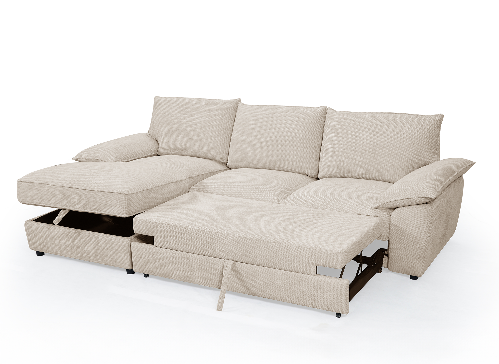 Canapé d'angle convertible avec coffre de rangement en velours chiné beige GABIN - Angle gauche