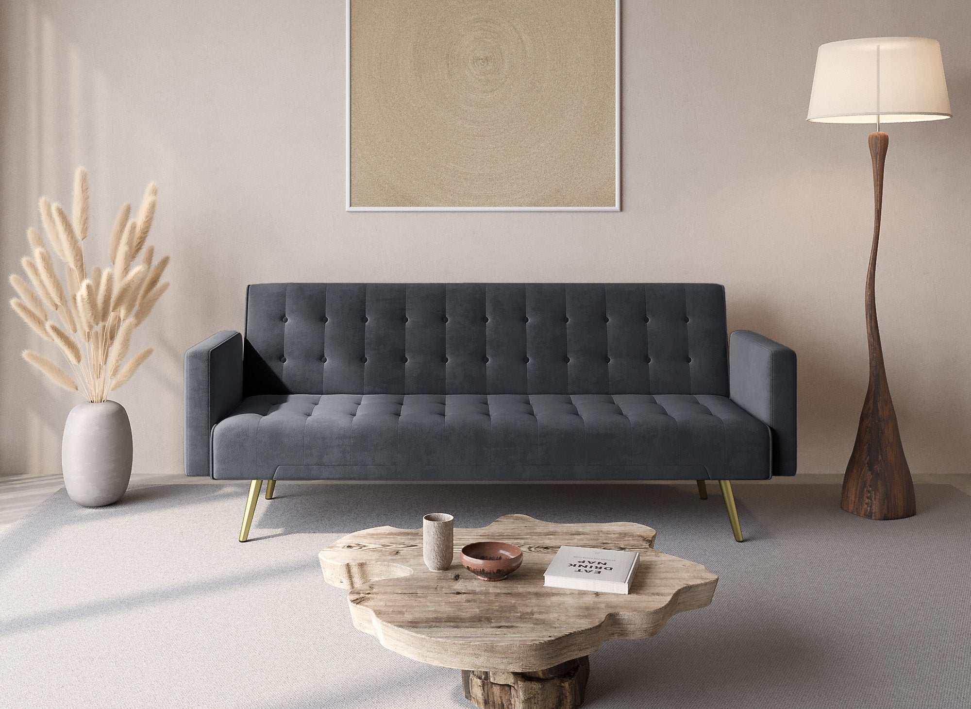 Canapé clic clac en velours gris foncé avec pieds en métal doré CHICAGO