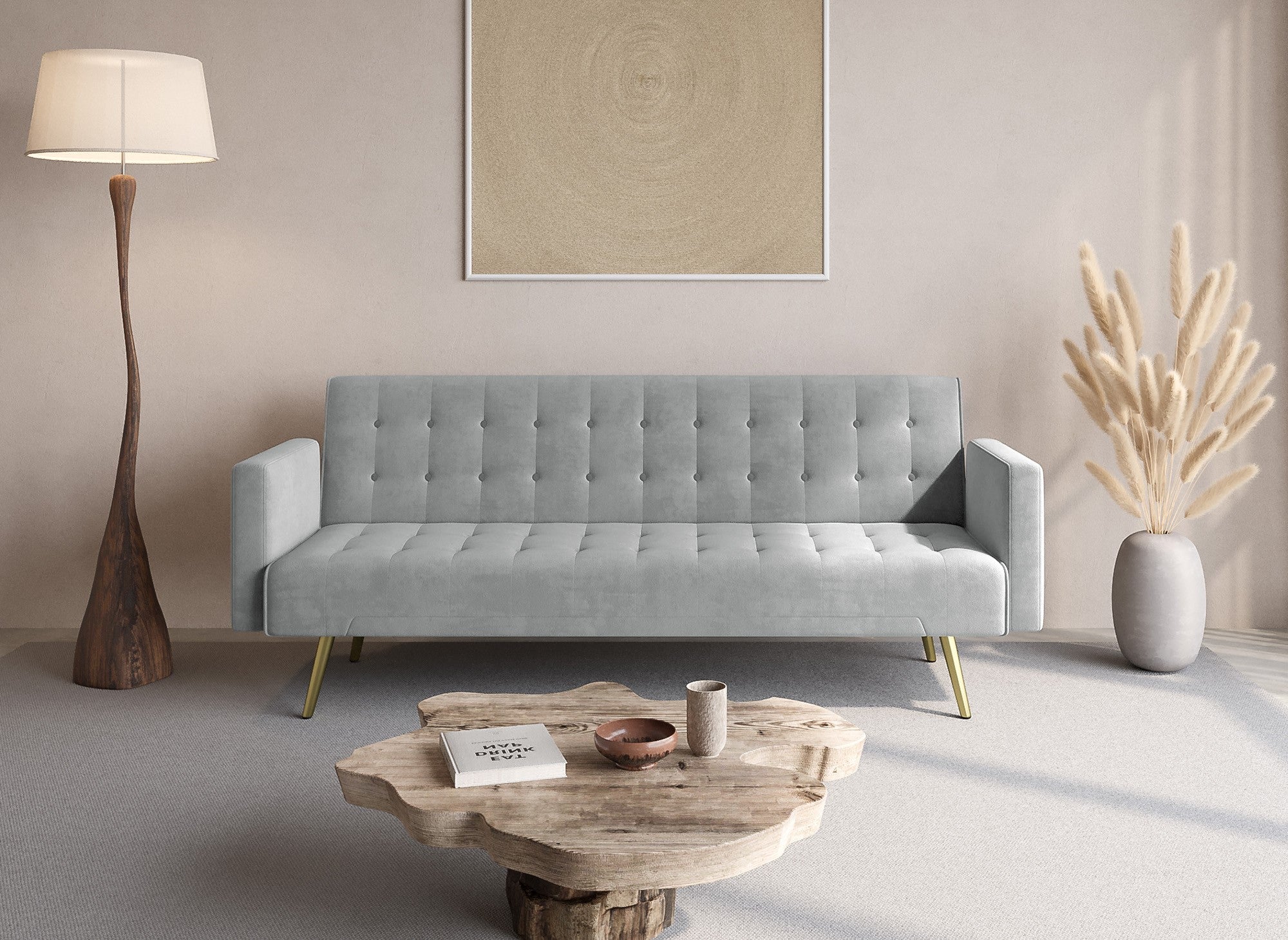 Canapé clic clac en velours gris avec pieds en métal doré CHICAGO