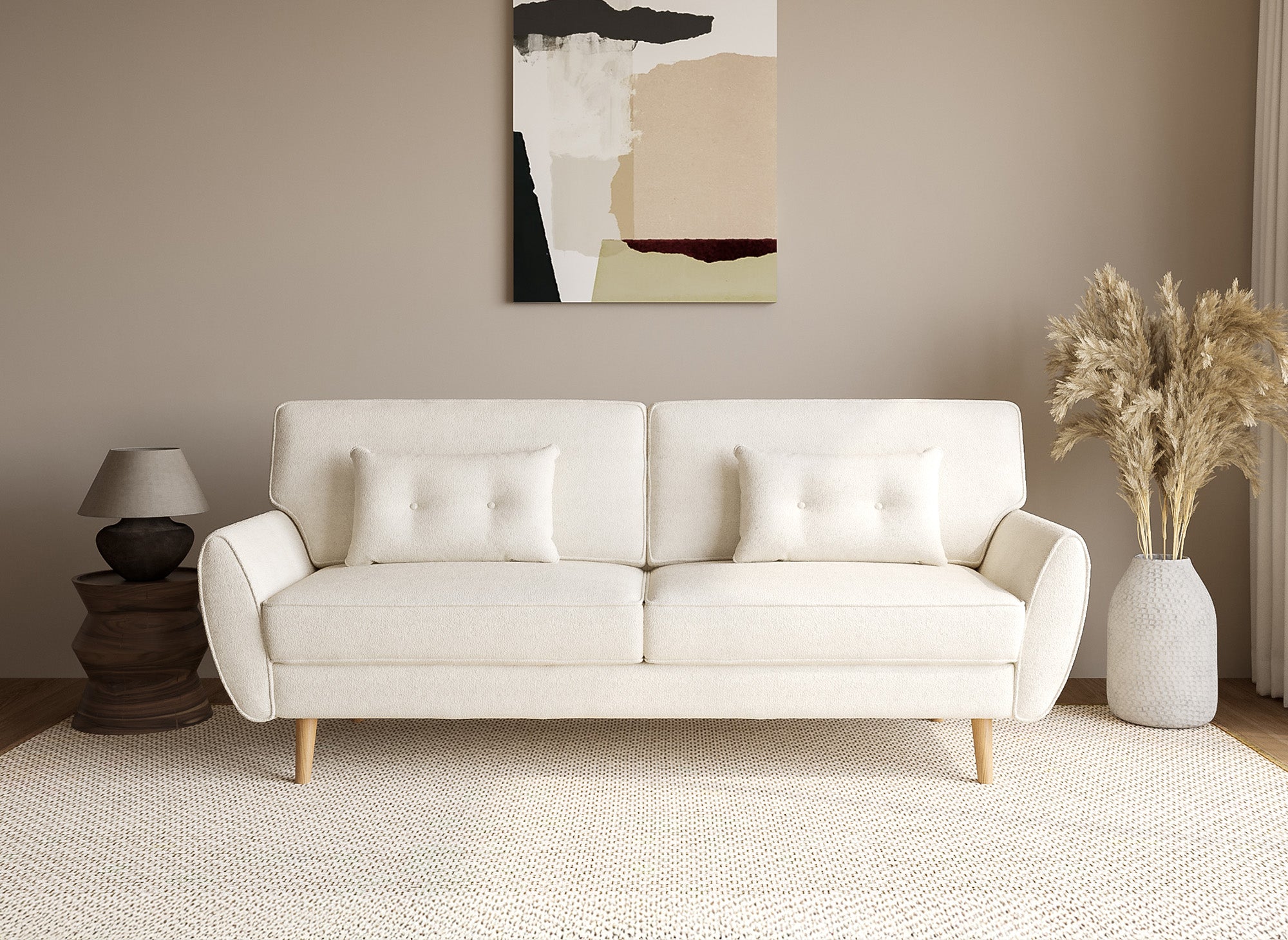 Canapé clic clac en tissu bouclette blanc écru avec pieds en bois PANAMA