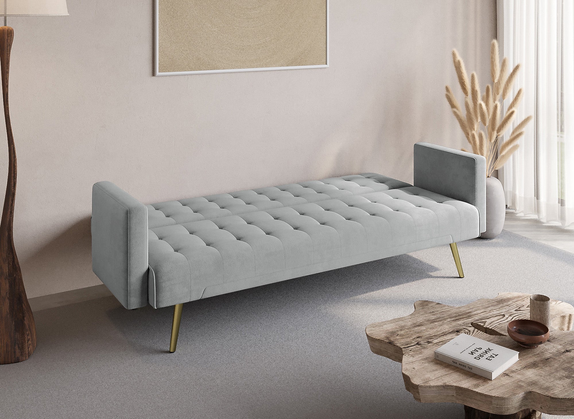 Canapé clic clac en velours gris avec pieds en métal doré CHICAGO