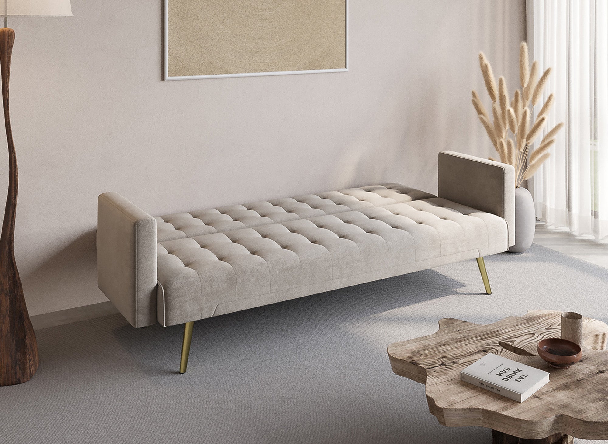 Canapé clic clac en velours beige avec pieds en métal doré CHICAGO