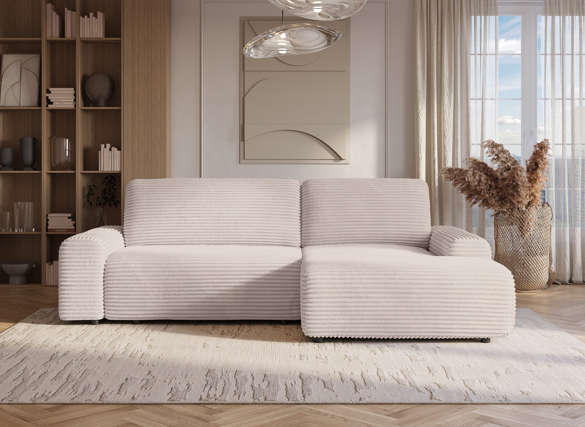 Canapé d'angle droit convertible avec coffre en velours côtelé épais beige BALI - Angle droit