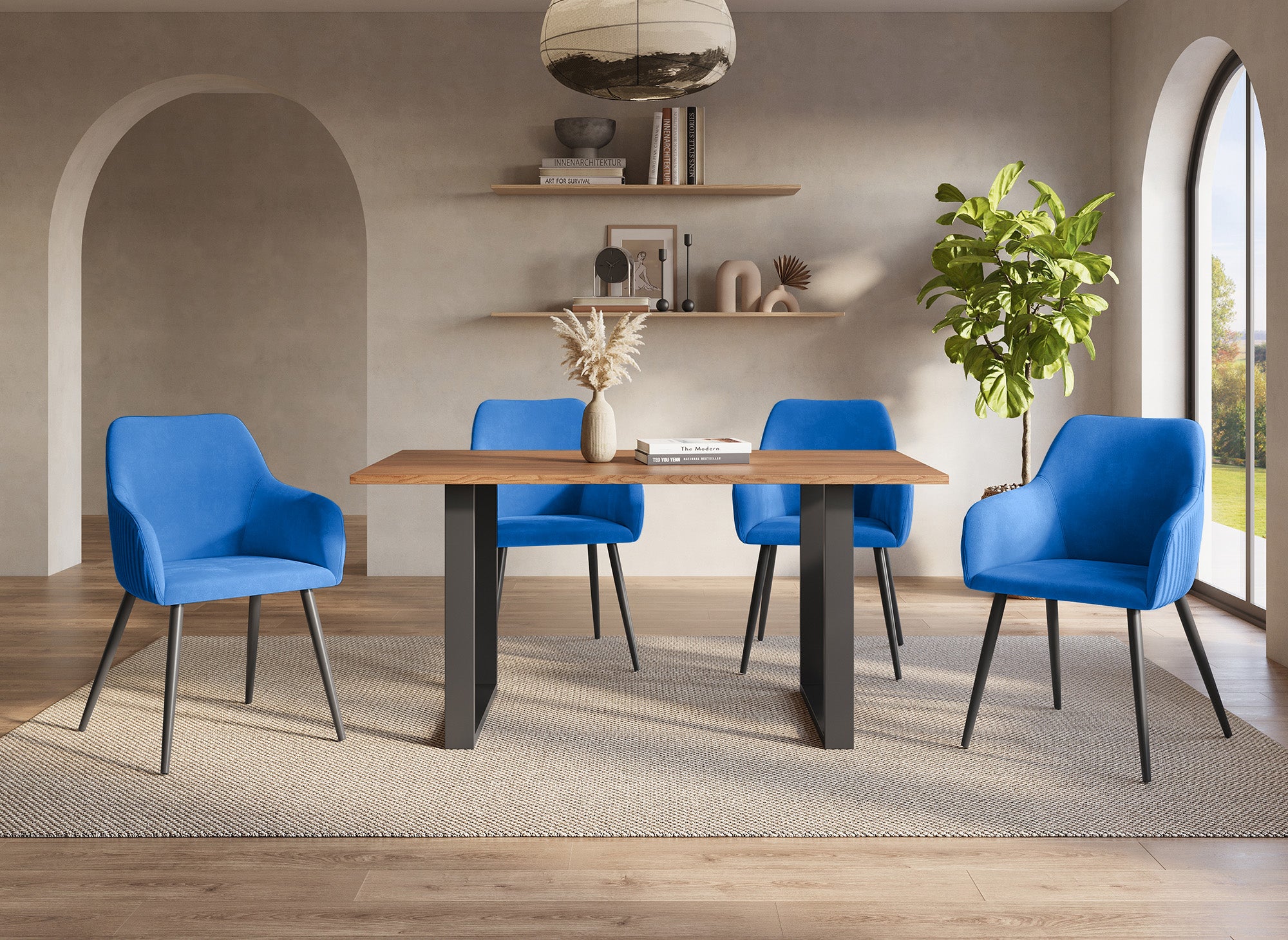 Lot de 2 chaises en velours bleu pieds en métal noir DEVOR