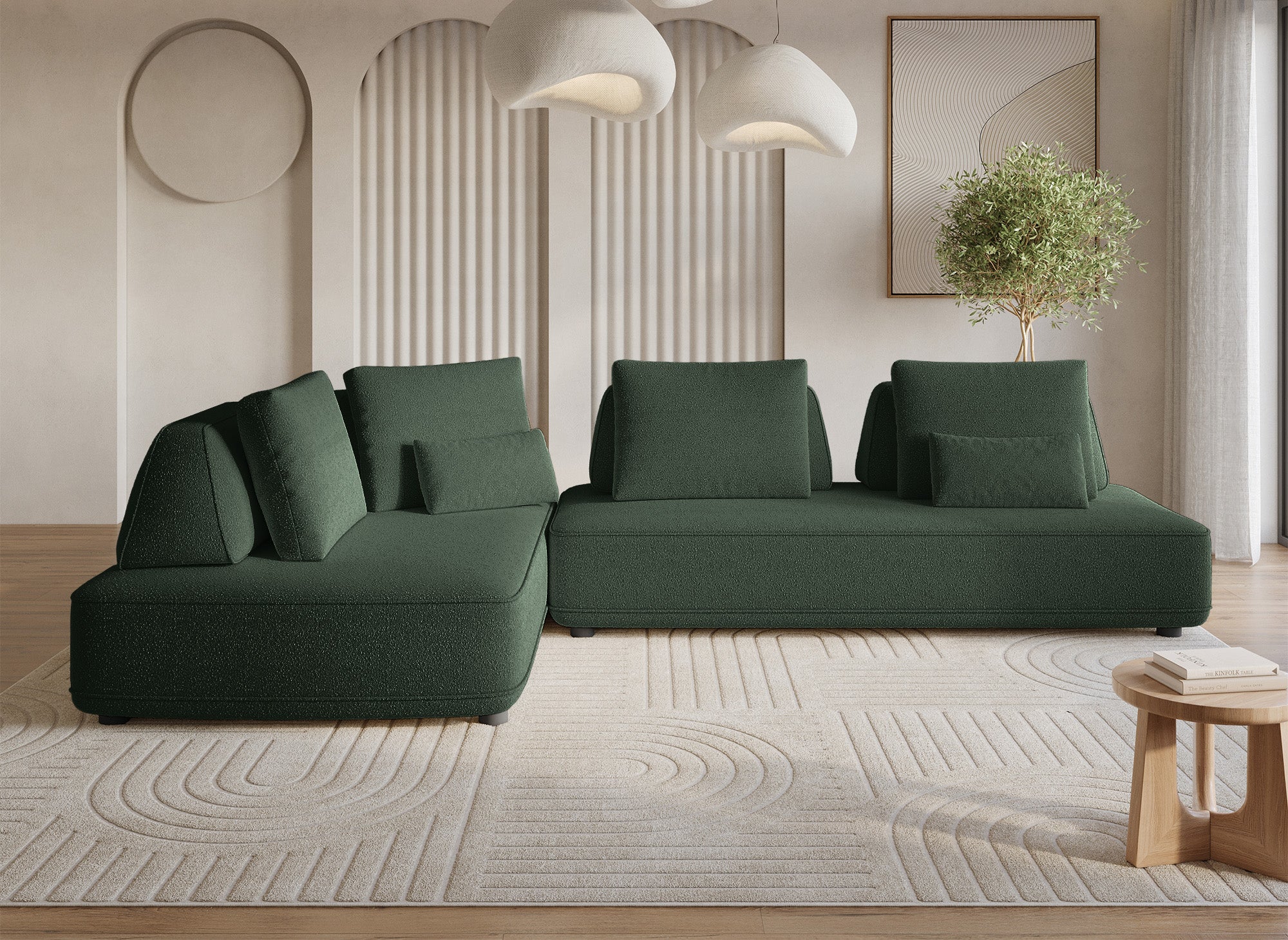 Canapé d'angle réversible en tissu bouclette vert kaki ISAORA