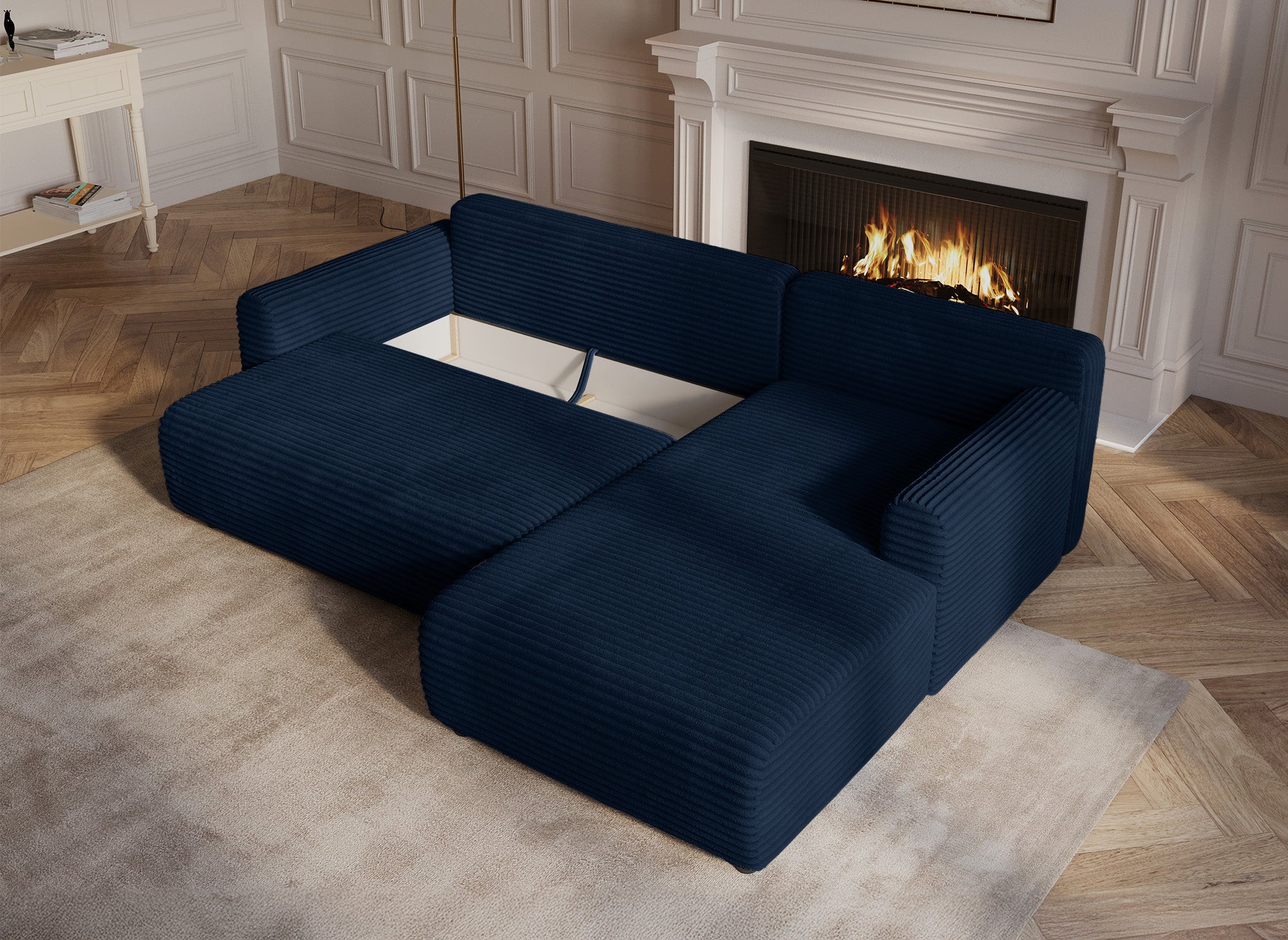 Canapé d'angle réversible et convertible avec coffre en velours côtelé épais bleu foncé KATIA