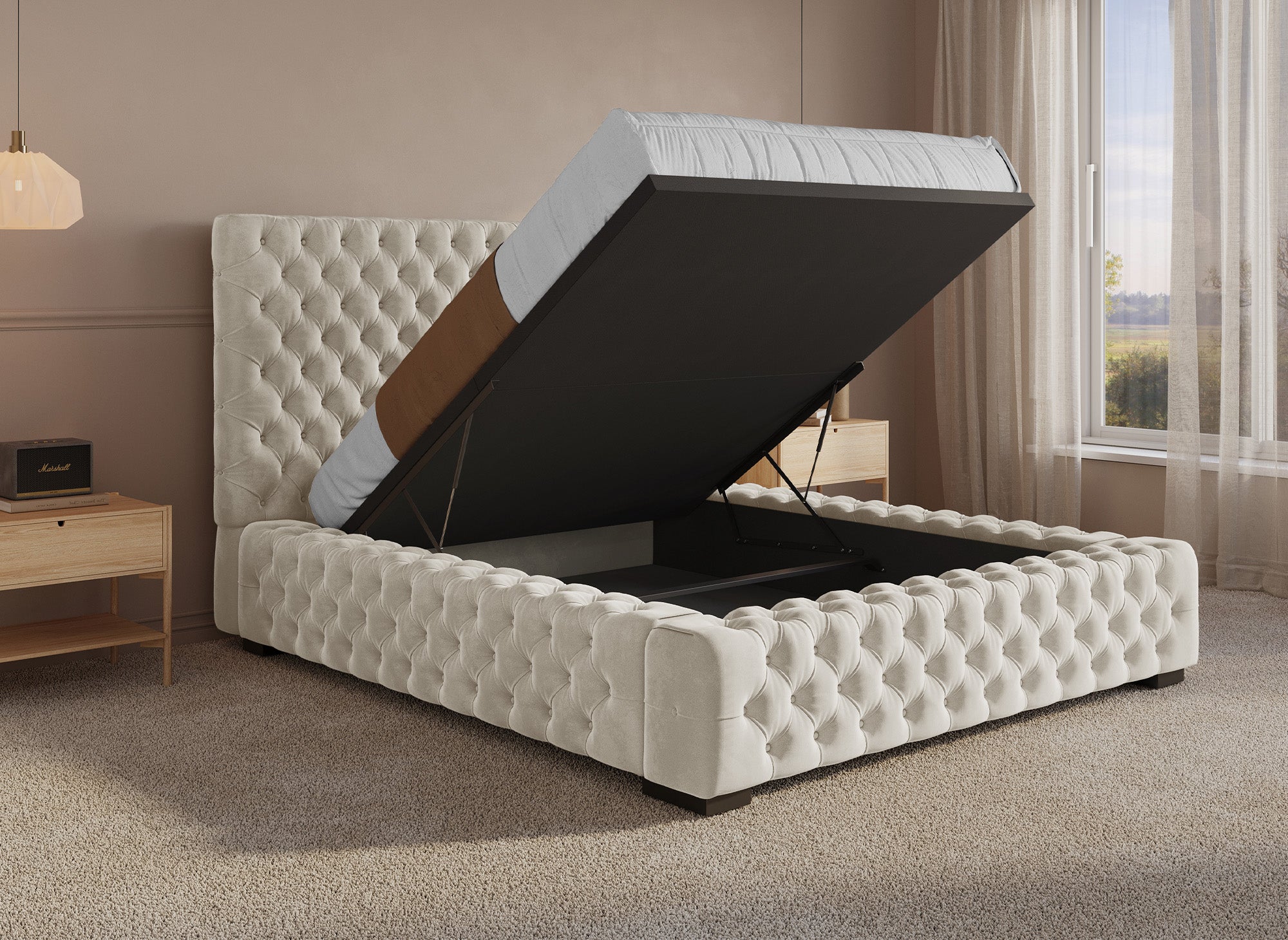 Lit coffre capitonné en velours beige IDALINE 140 x 190 cm