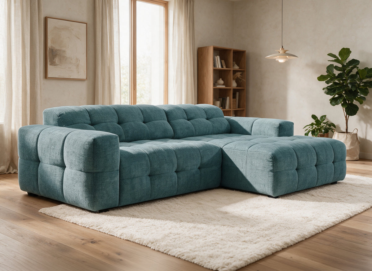 Canapé d'angle relax électrique en velours texturé bleu FEDORA - Angle droit