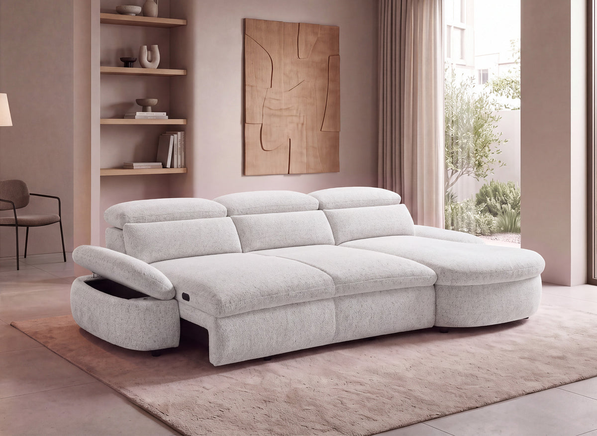 Canapé d'angle relax électrique en tissu bouclette beige CLEMENT - Angle droit