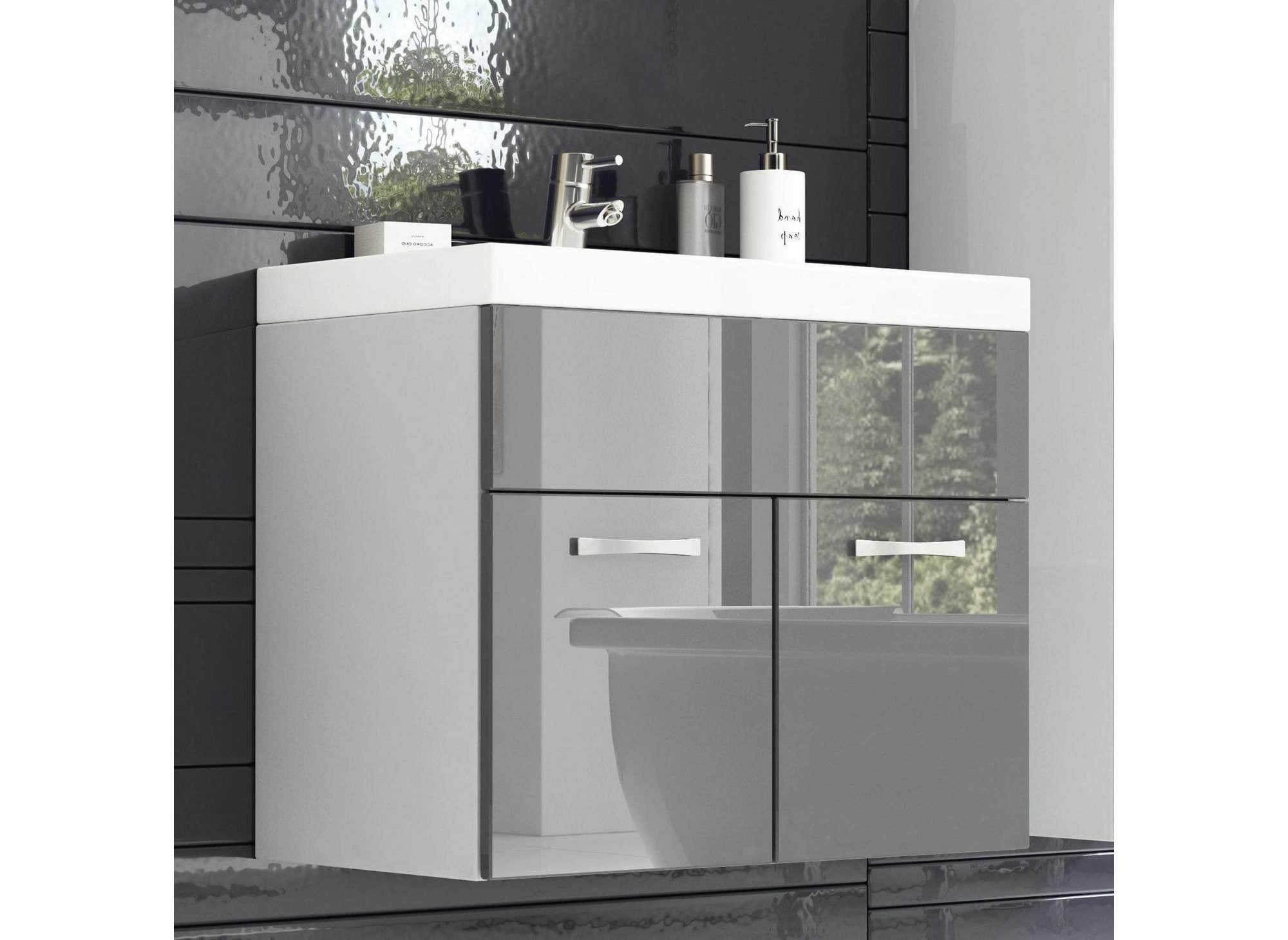 Ensemble meubles salle de bain design suspendu - Blanc et gris laqué HARMONY