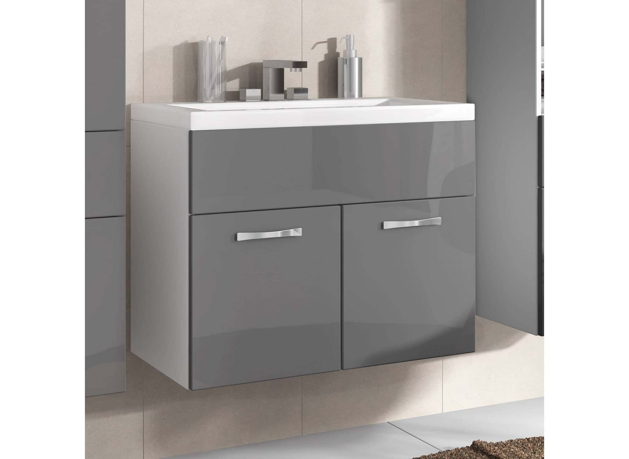 Ensemble meubles salle de bain suspendu - Blanc et gris SHELBY